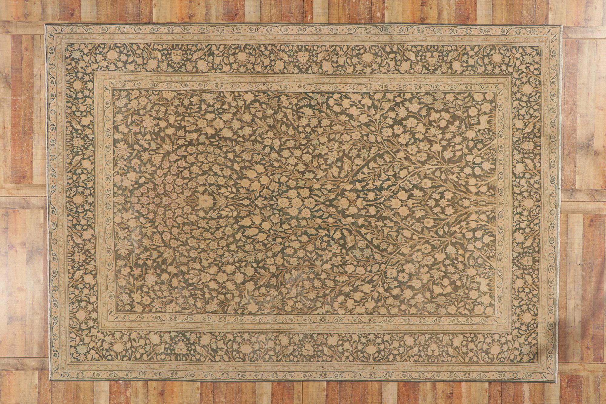 Distressed Vintage Persian Tabriz Rug, Biophilic Design meets Art Nouveau Style For Sale 4