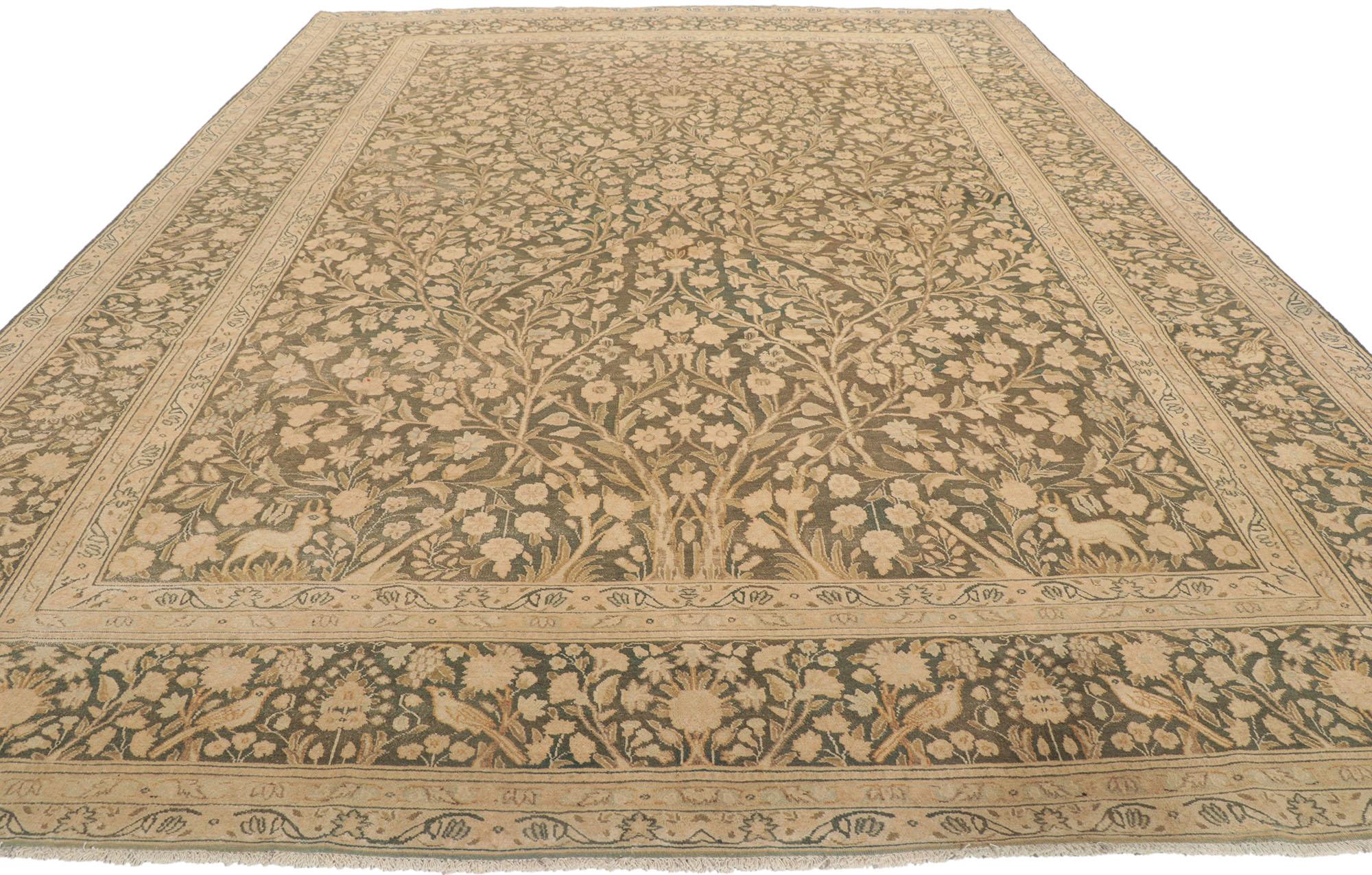 Hand-Knotted Distressed Vintage Persian Tabriz Rug, Biophilic Design meets Art Nouveau Style For Sale