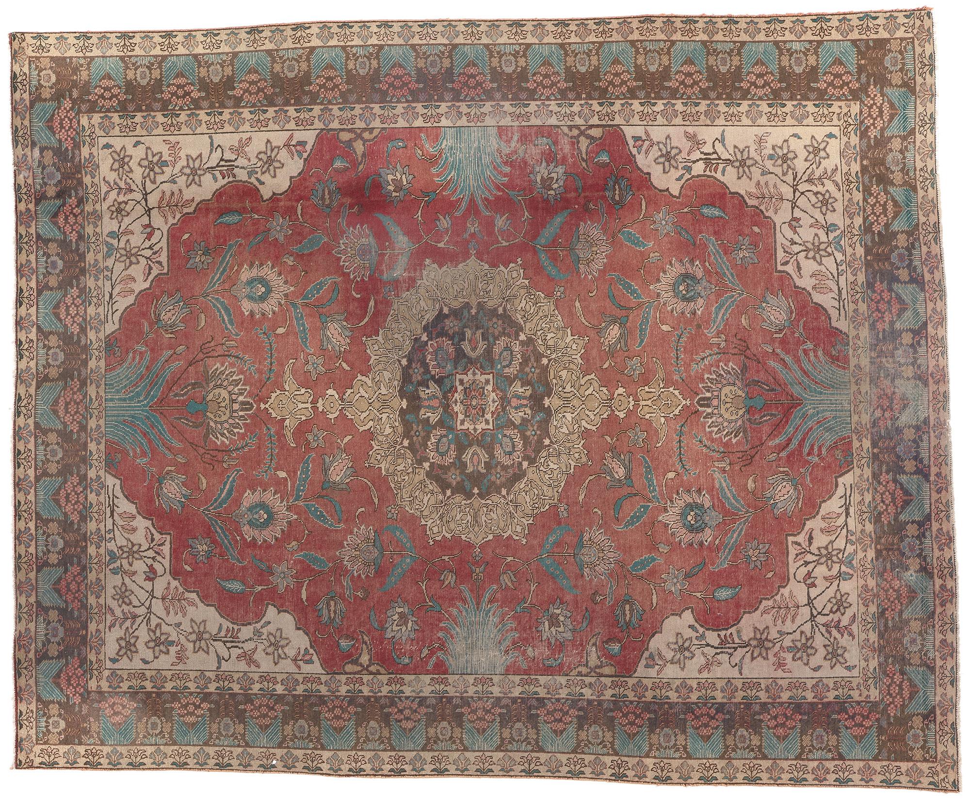 Distressed Vintage Persian Tabriz Rug, Craftsman Style Meets Rustic Elegance For Sale 4