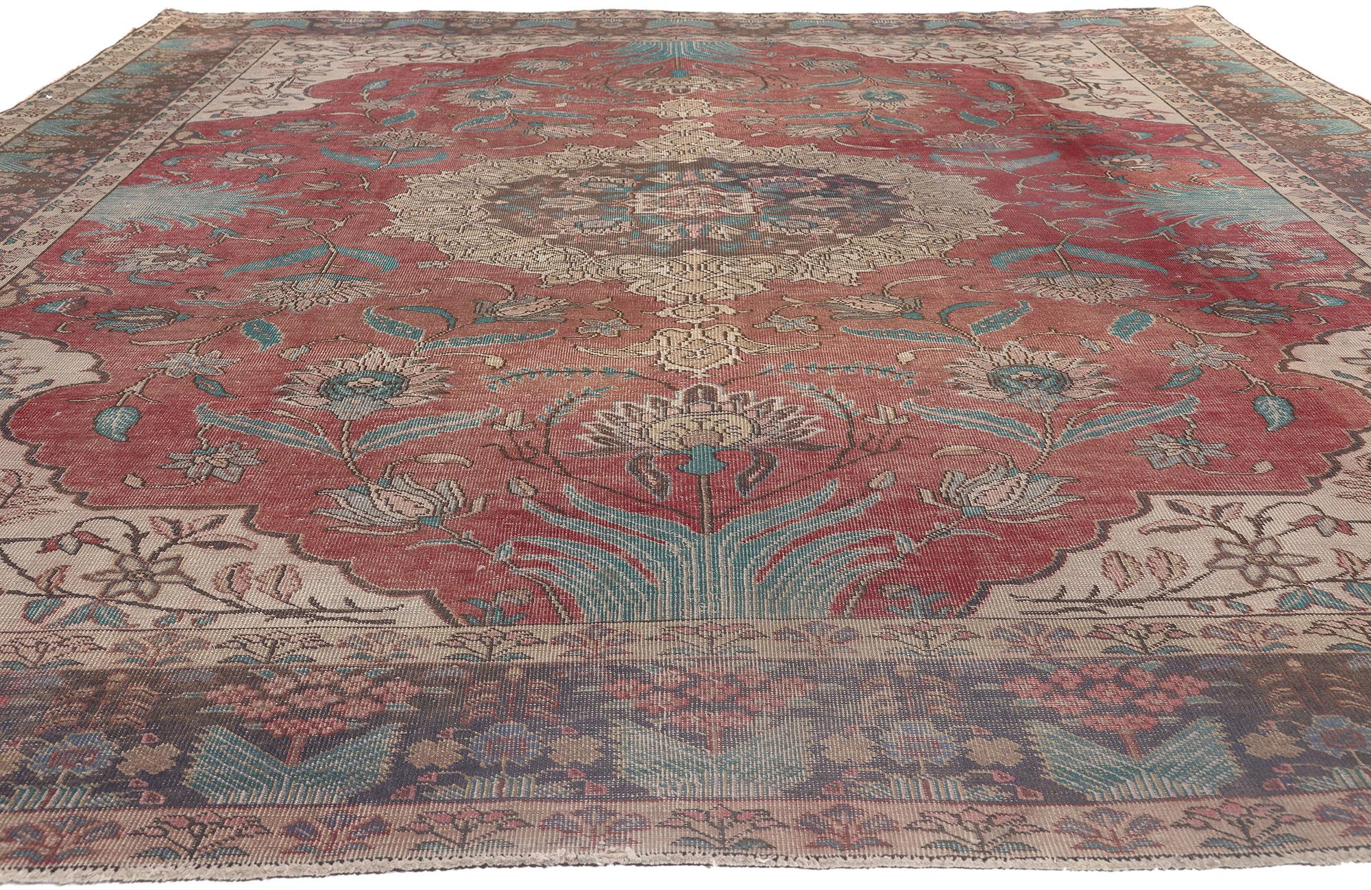 Hand-Knotted Distressed Vintage Persian Tabriz Rug, Craftsman Style Meets Rustic Elegance For Sale