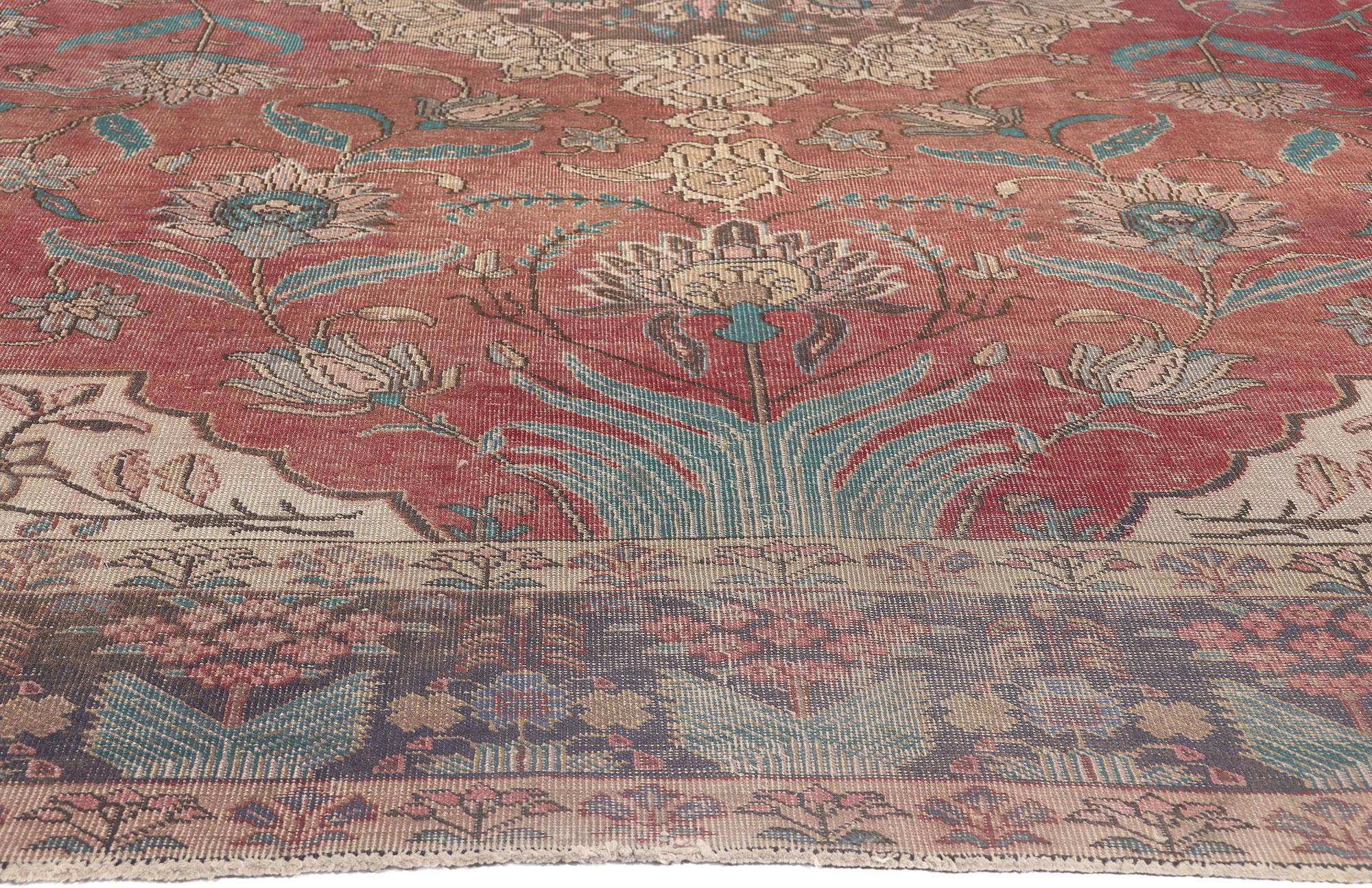 Distressed Vintage Persian Tabriz Rug, Craftsman Style Meets Rustic Elegance In Distressed Condition For Sale In Dallas, TX