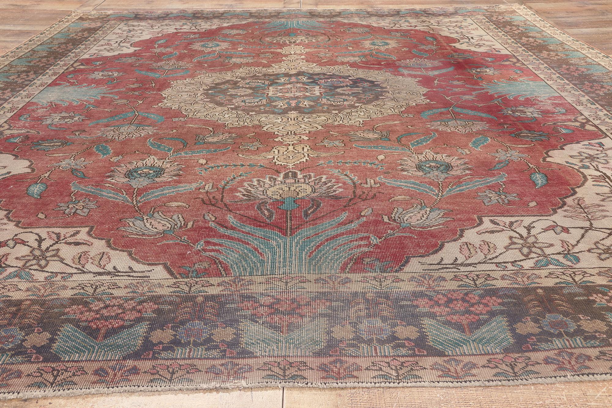 Distressed Vintage Persian Tabriz Rug, Craftsman Style Meets Rustic Elegance For Sale 2