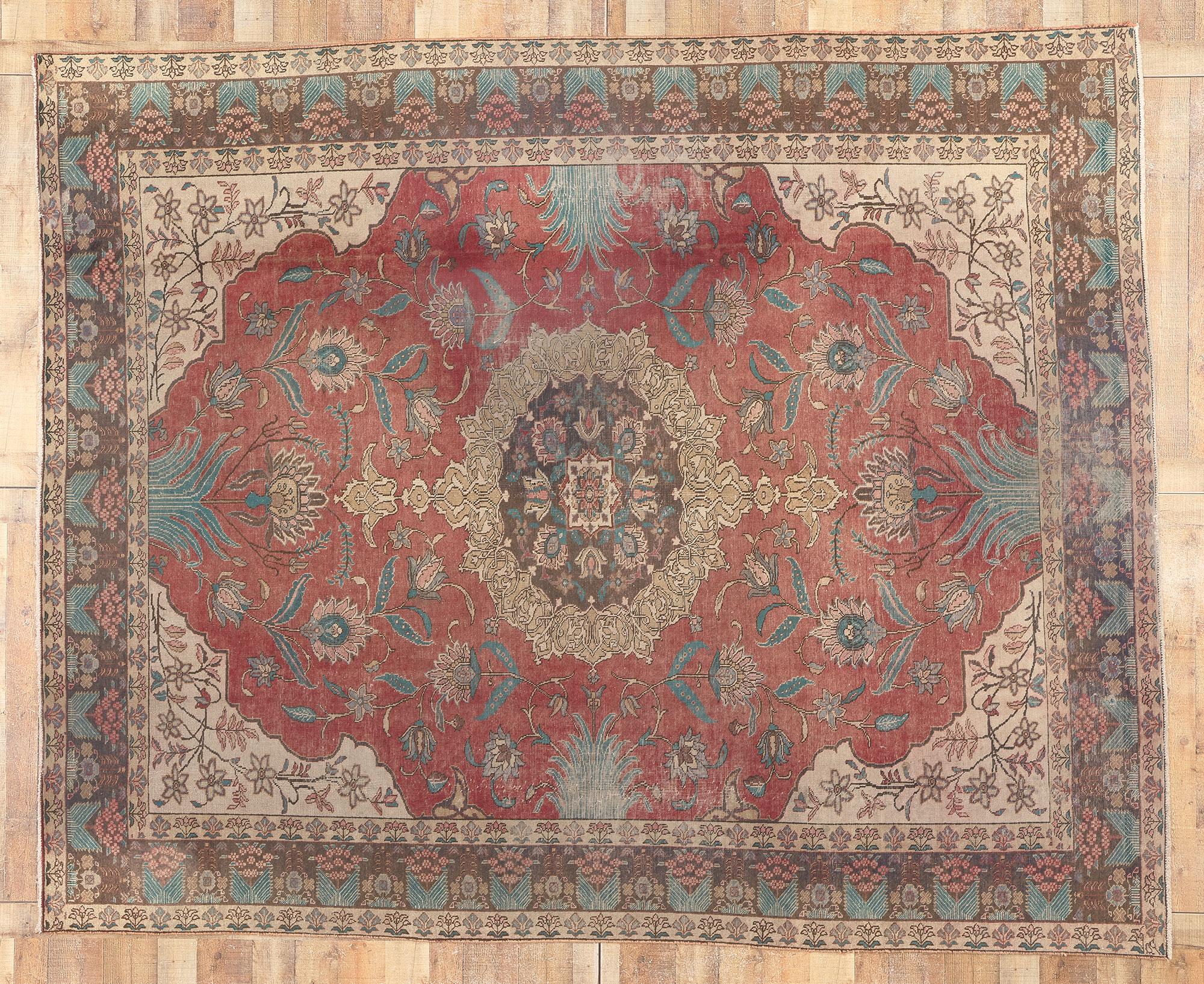 Distressed Vintage Persian Tabriz Rug, Craftsman Style Meets Rustic Elegance For Sale 3