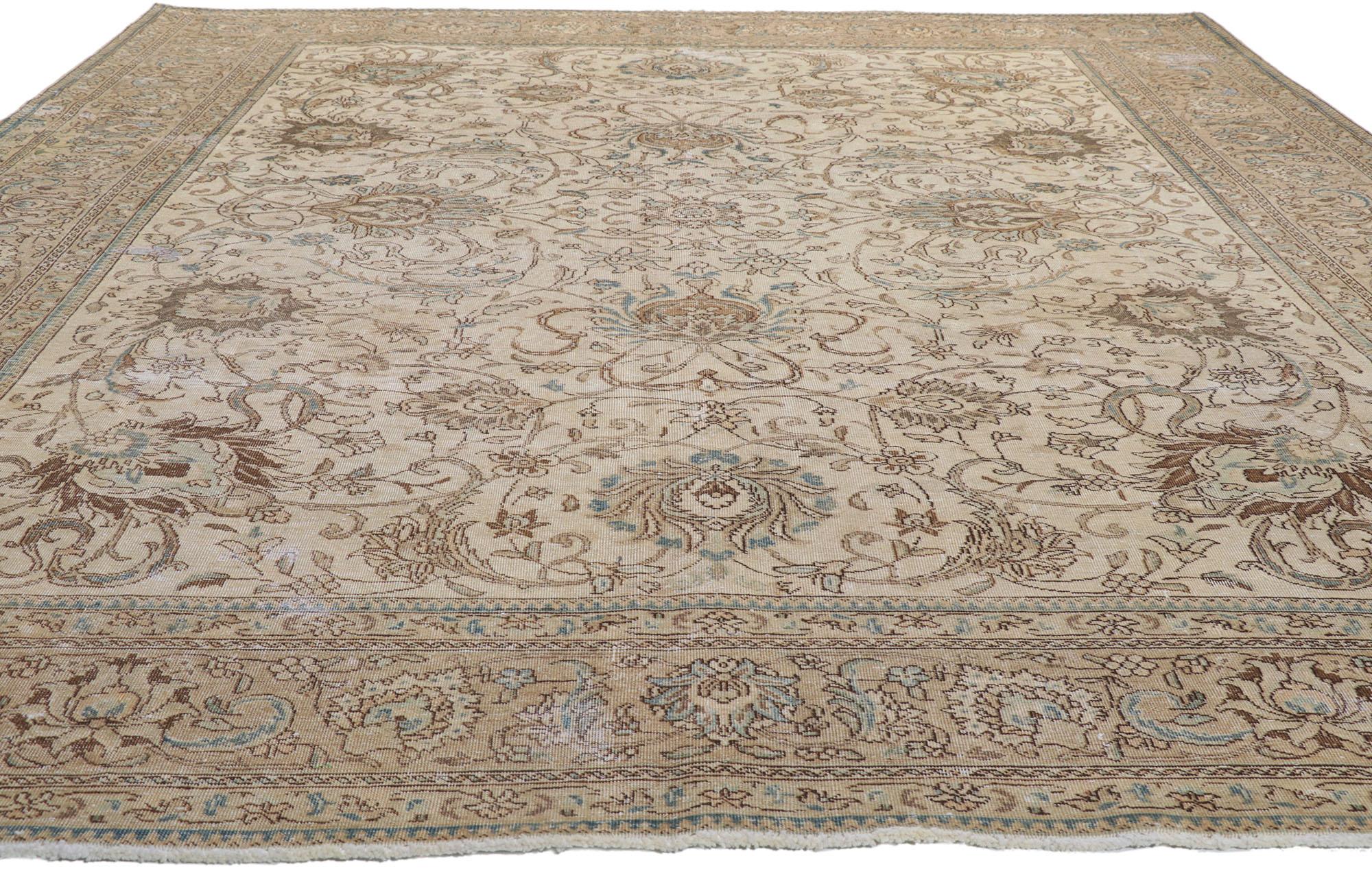 Hand-Knotted Distressed Vintage Persian Tabriz Rug For Sale