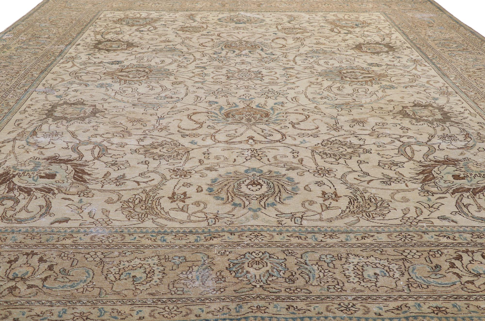 Distressed Vintage Persian Tabriz Rug In Distressed Condition For Sale In Dallas, TX