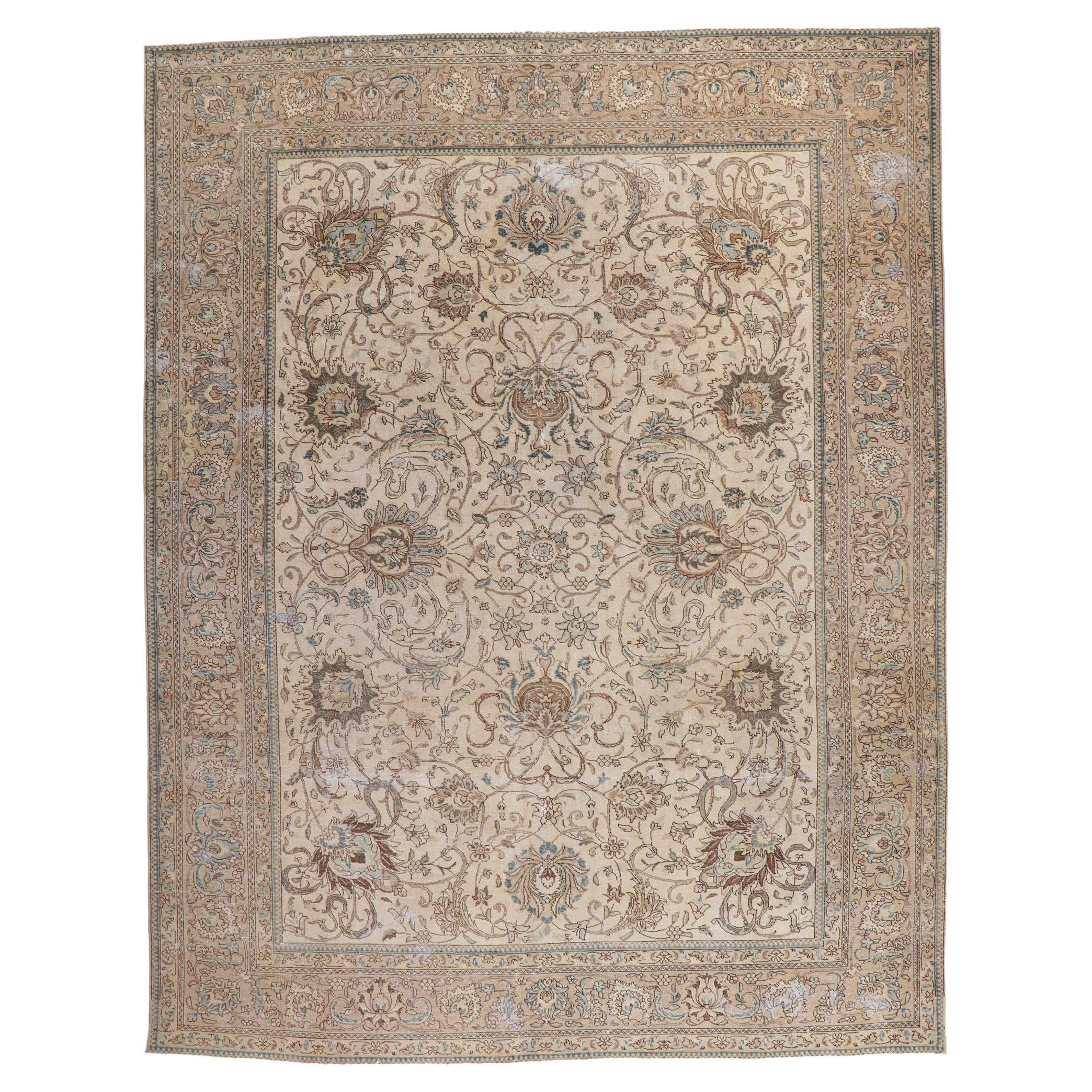 Distressed Vintage Persian Tabriz Rug