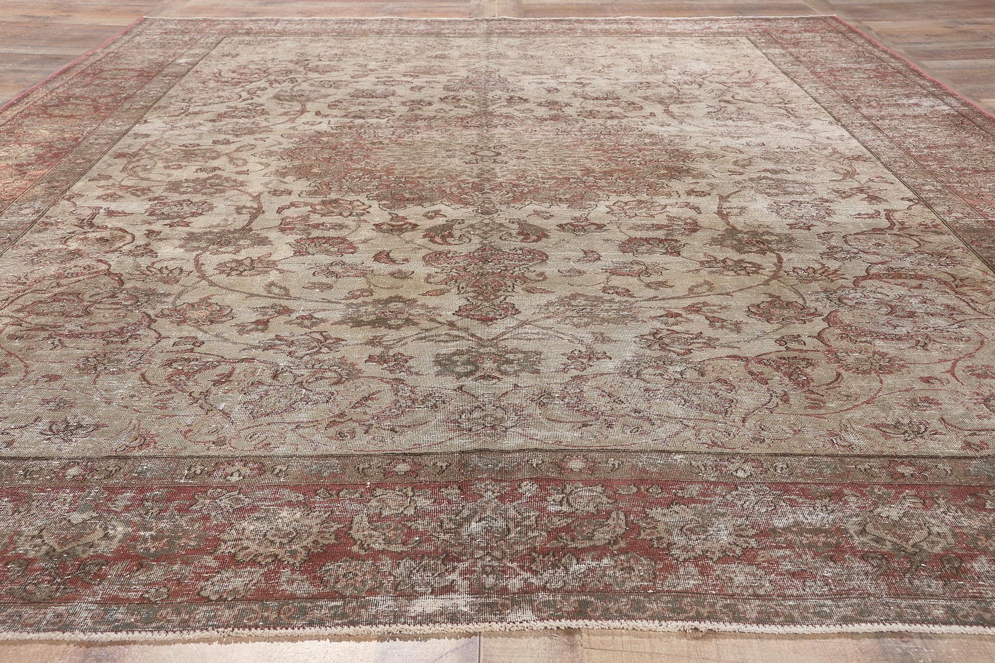 Distressed Vintage Persian Tabriz Rug with Faded Earth-Tone Colors For Sale 2