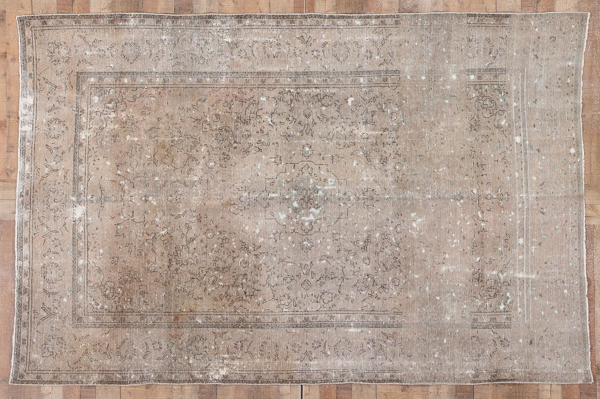 Distressed Vintage Persian Tabriz Rug with Faded Earth-Tone Colors For Sale 2