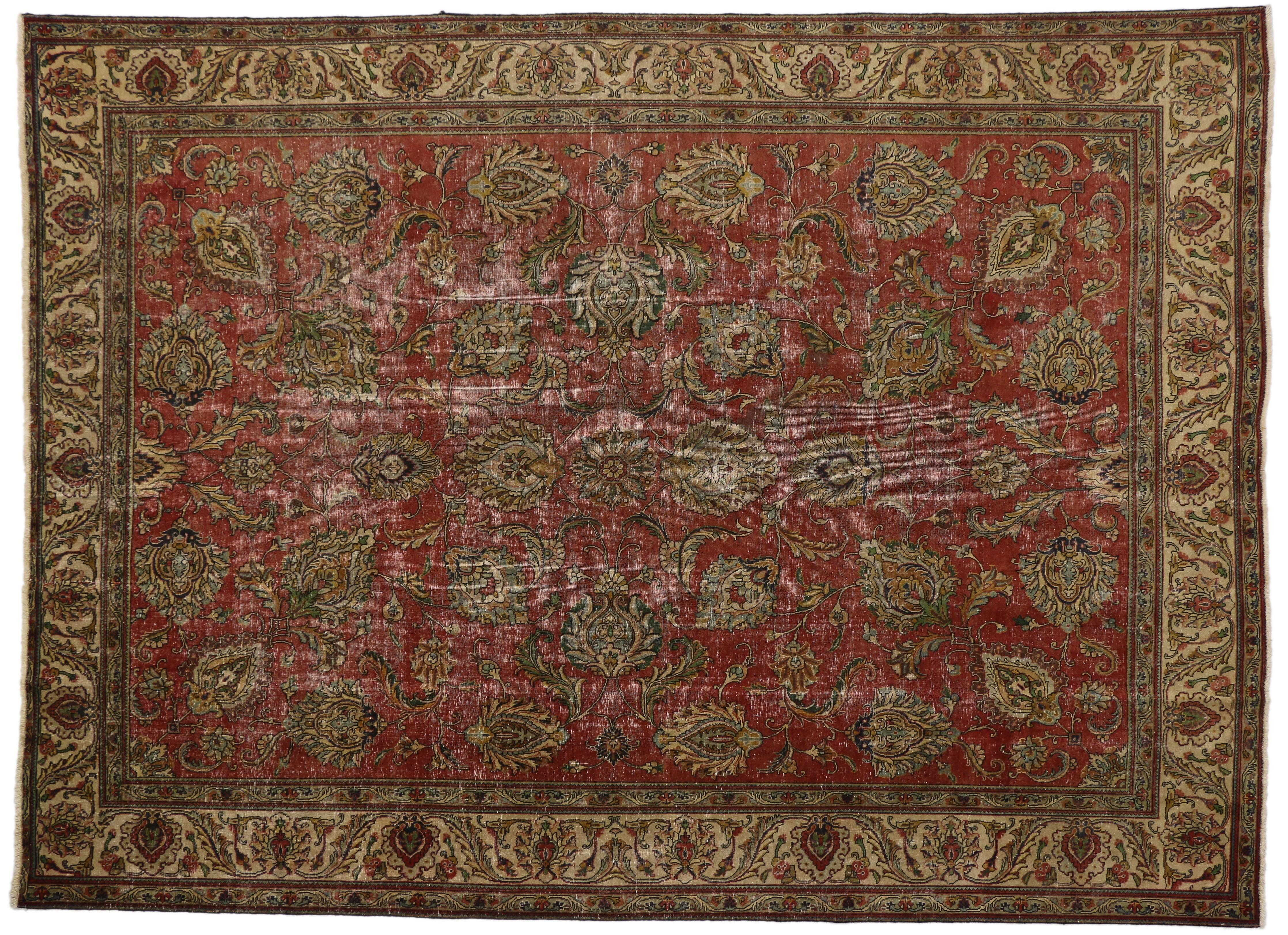 20th Century Distressed Vintage Persian Tabriz Rug with Modern Rustic Industrial Style For Sale