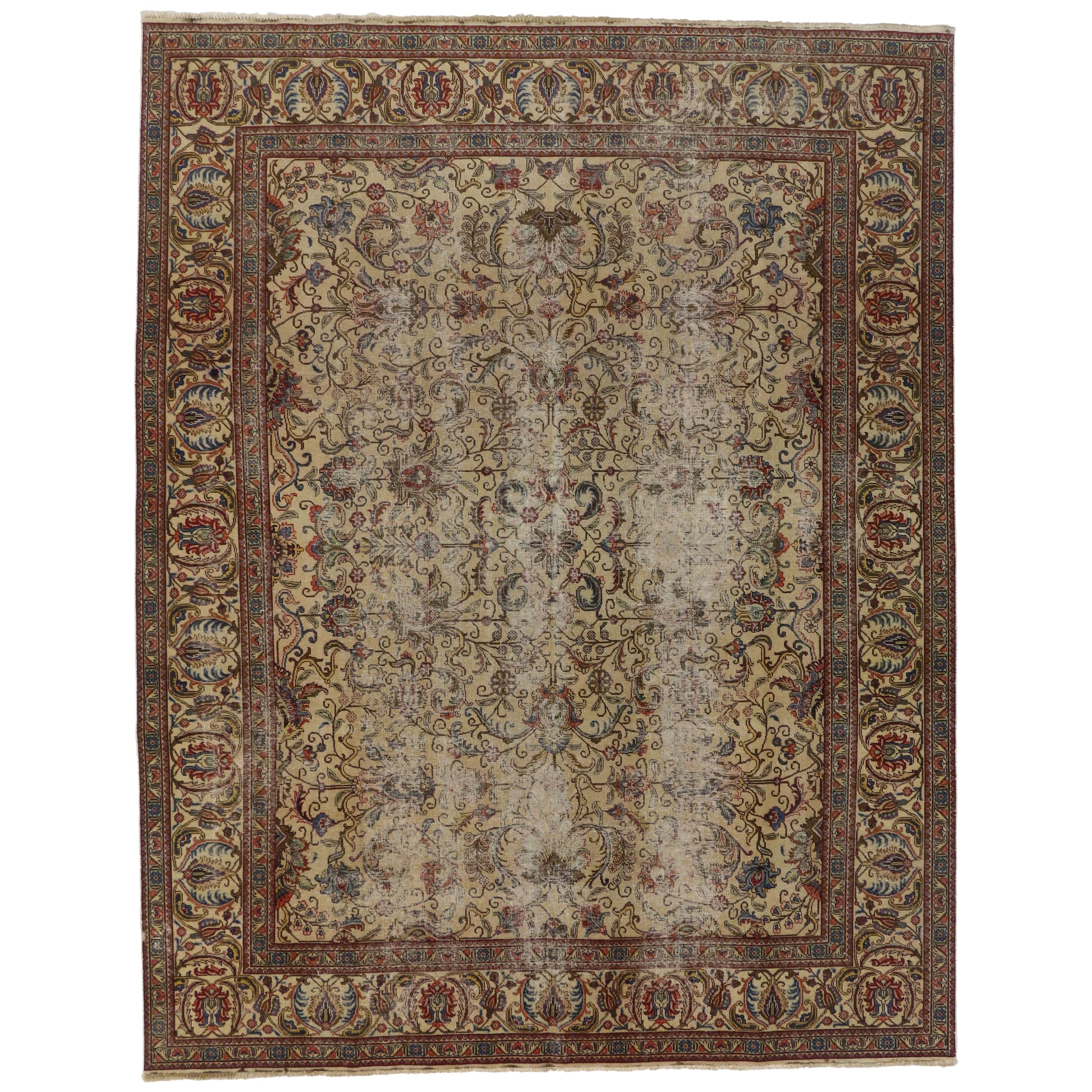 Distressed Vintage Persian Silk Tabriz Rug with Modern Industrial Style