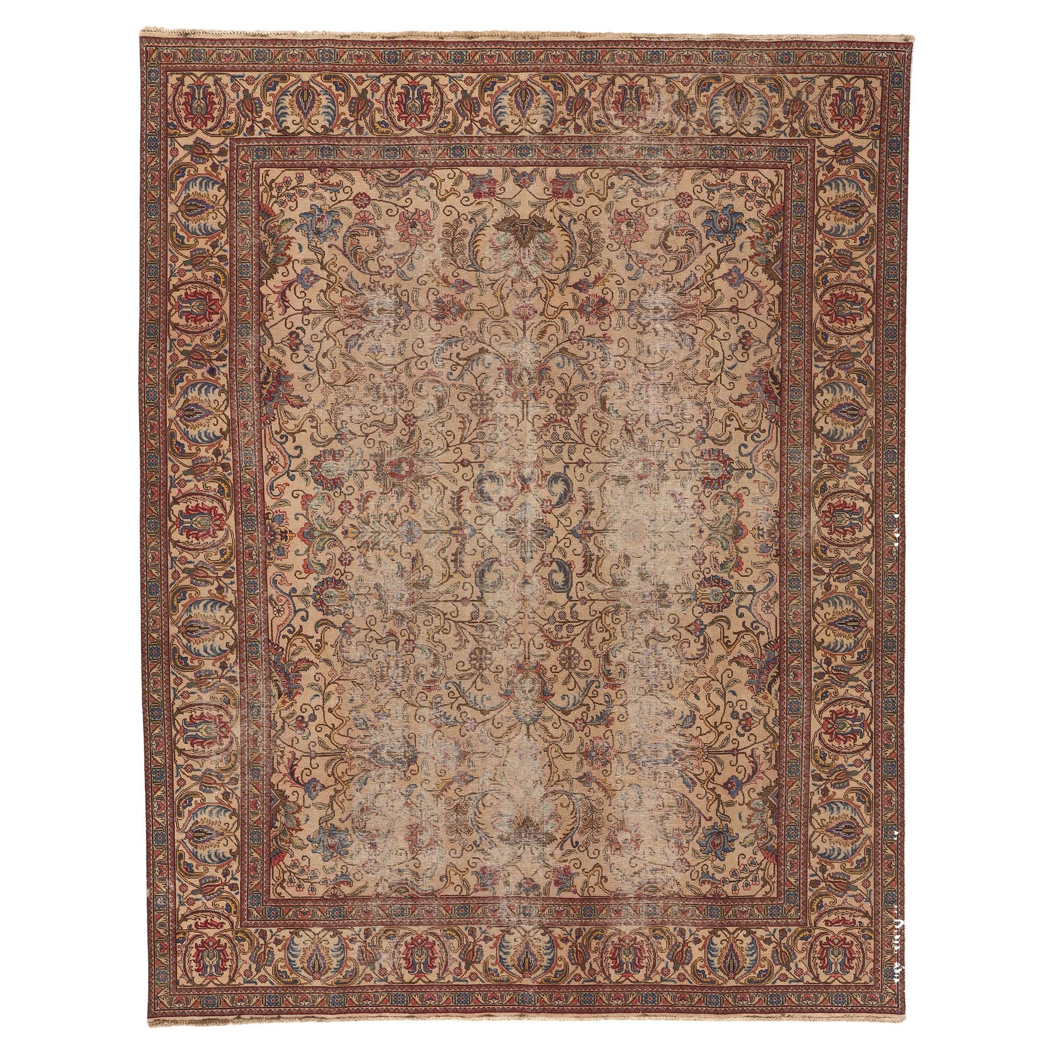 Antique-Worn Persian Tabriz Rug, Weathered Beauty Meets Rustic Sensibility For Sale