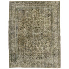 Distressed Vintage Persian Tabriz Rug with Modern Rustic Cotswold Cottage Style