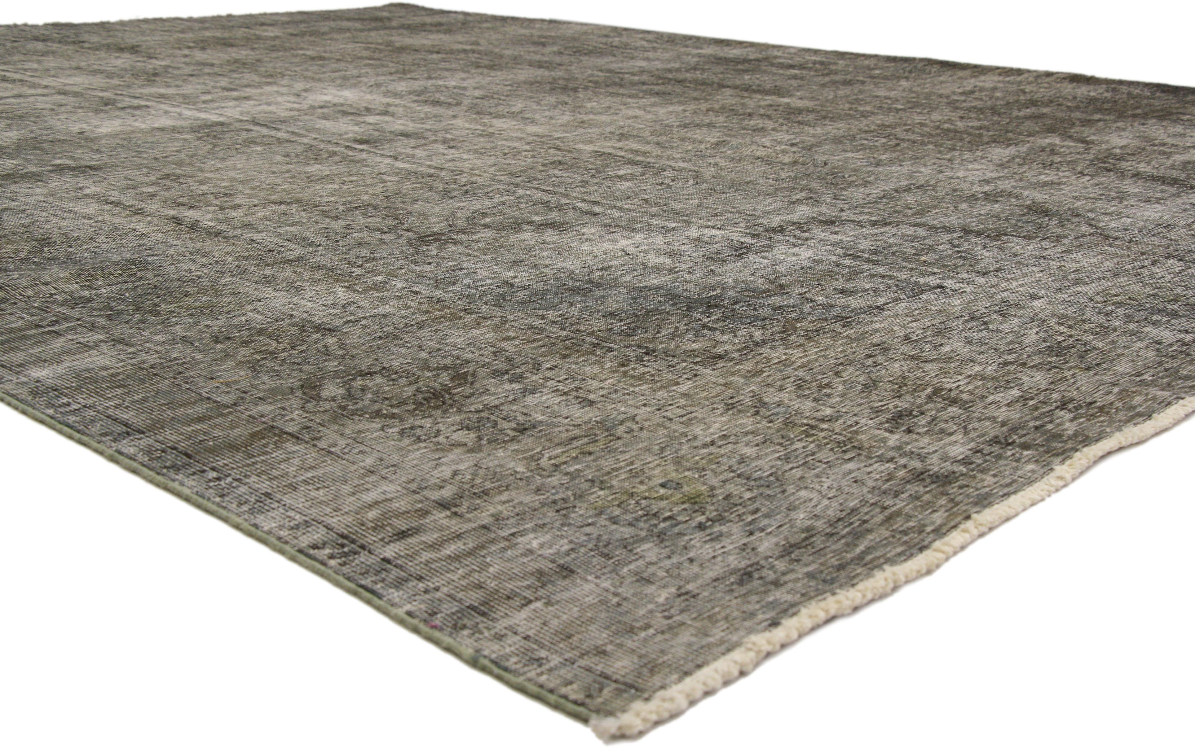 Hand-Knotted Distressed Vintage Persian Tabriz Rug with Modern Rustic Chippendale Style