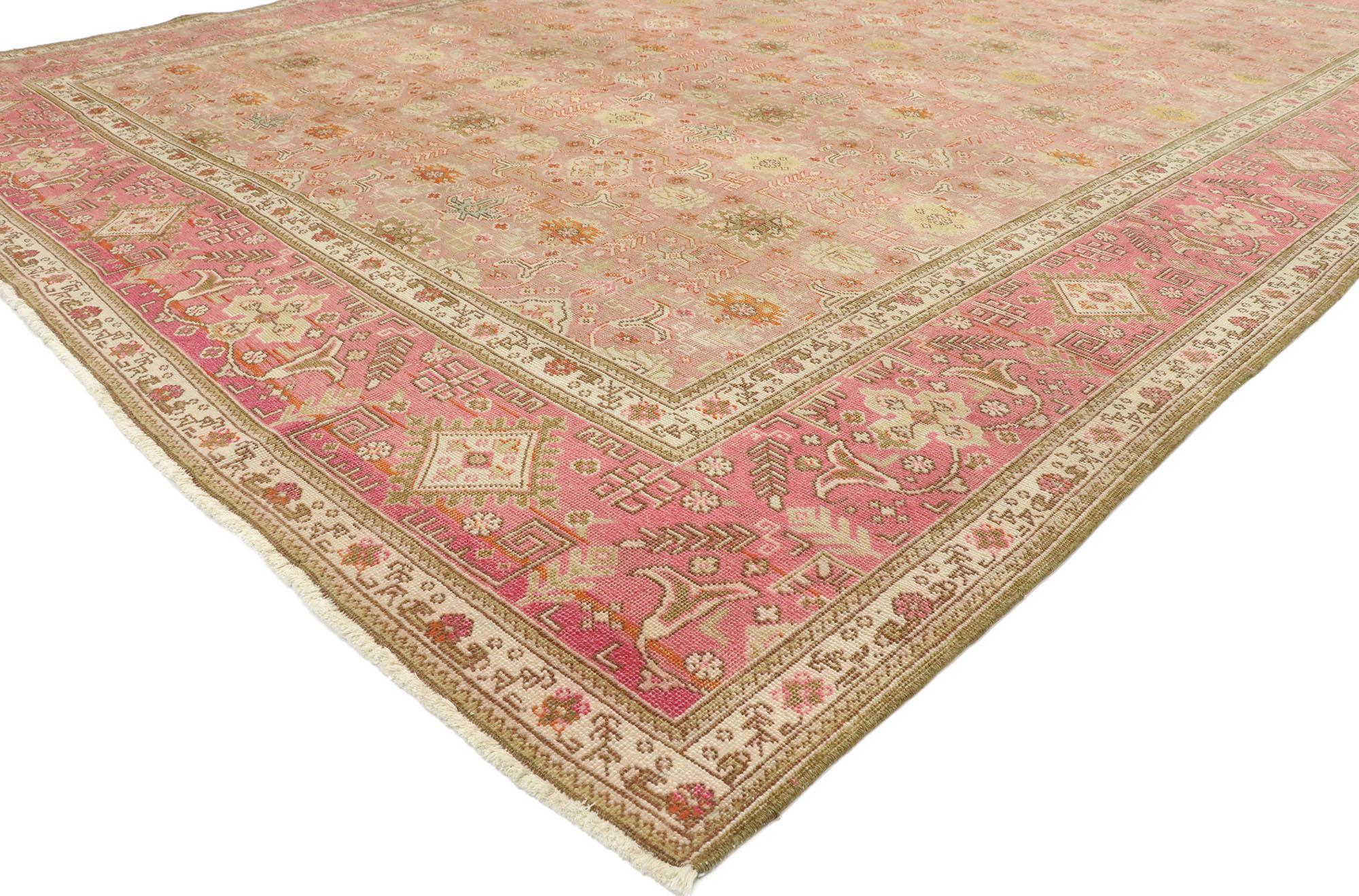 53163 distressed vintage Persian Tabriz rug with Romantic Boho Chic style with its well-balanced symmetry and tribal charm with rosy pink hues, this hand knotted wool vintage Persian Tabriz rug beautifully embodies a romantic boho chic style. The