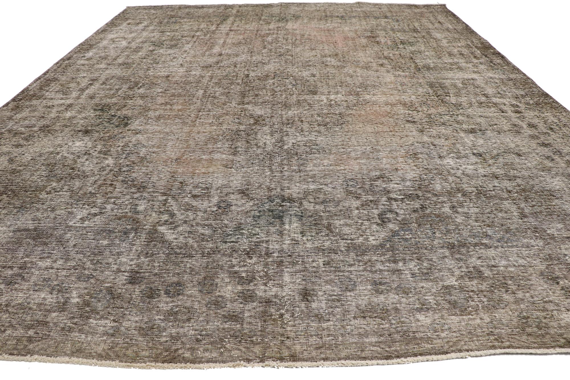 Hand-Knotted Distressed Vintage Persian Tabriz Rug with Rustic Farmhouse Chippendale Style