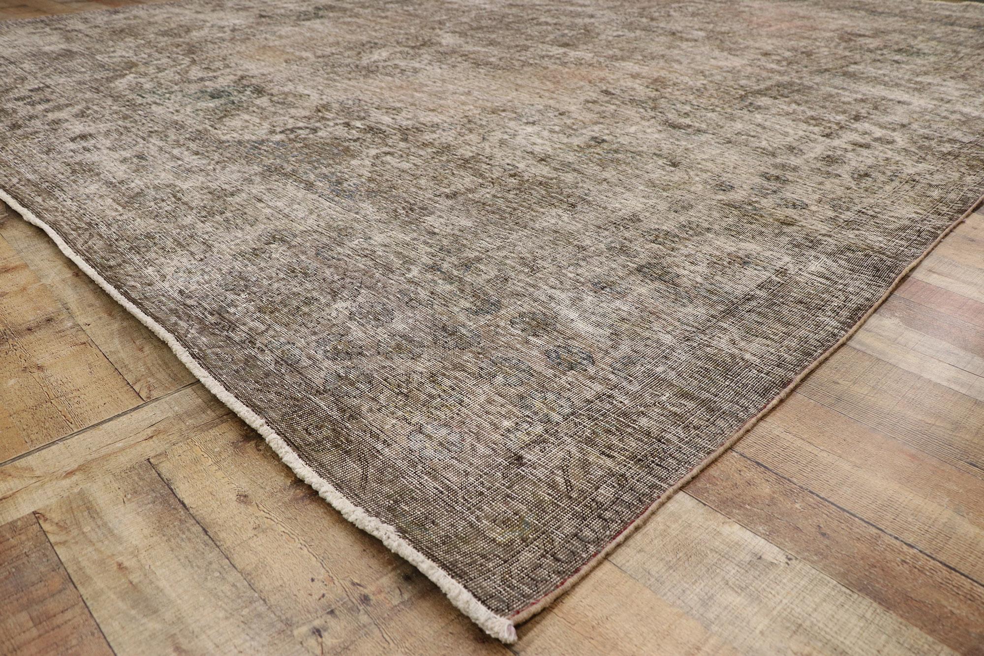 Wool Distressed Vintage Persian Tabriz Rug with Rustic Farmhouse Chippendale Style