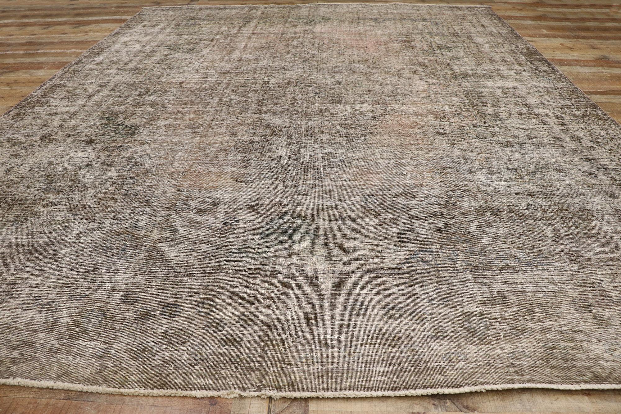 Distressed Vintage Persian Tabriz Rug with Rustic Farmhouse Chippendale Style 1