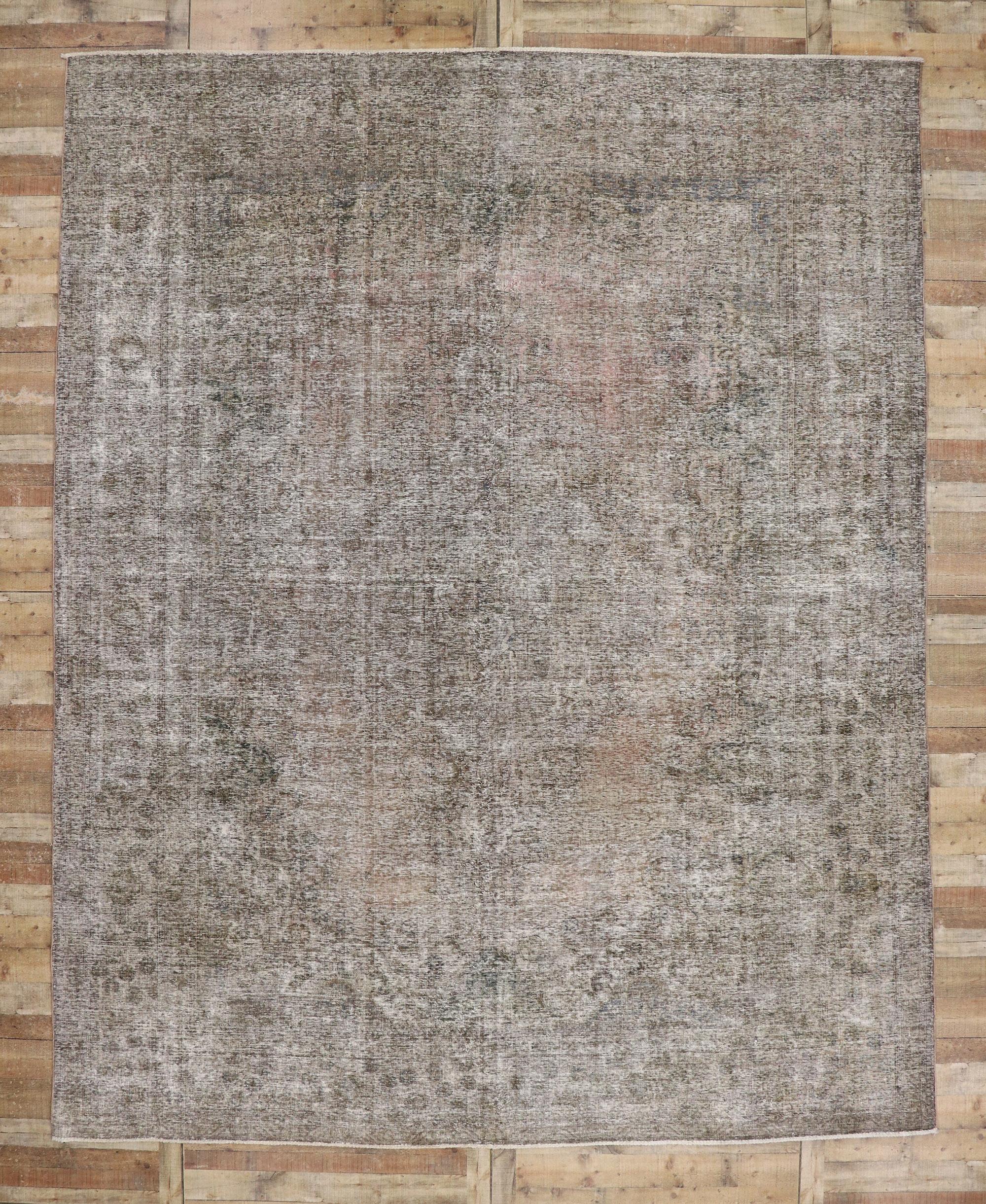 Distressed Vintage Persian Tabriz Rug with Rustic Farmhouse Chippendale Style 2