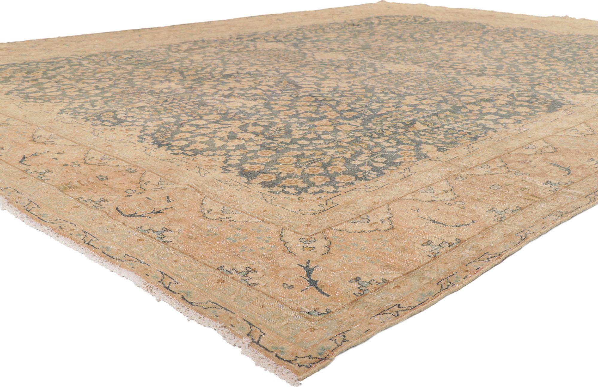 53735 Distressed Vintage Persian Tabriz rug with Weeping Willow and Millefleur Design 09'06 x 12'08. Rendered in variegated shades of bluish-greenish-grayish, ecru, verdigris, camel, pine, tan, cerulean, sand, forest green, squash, light green,