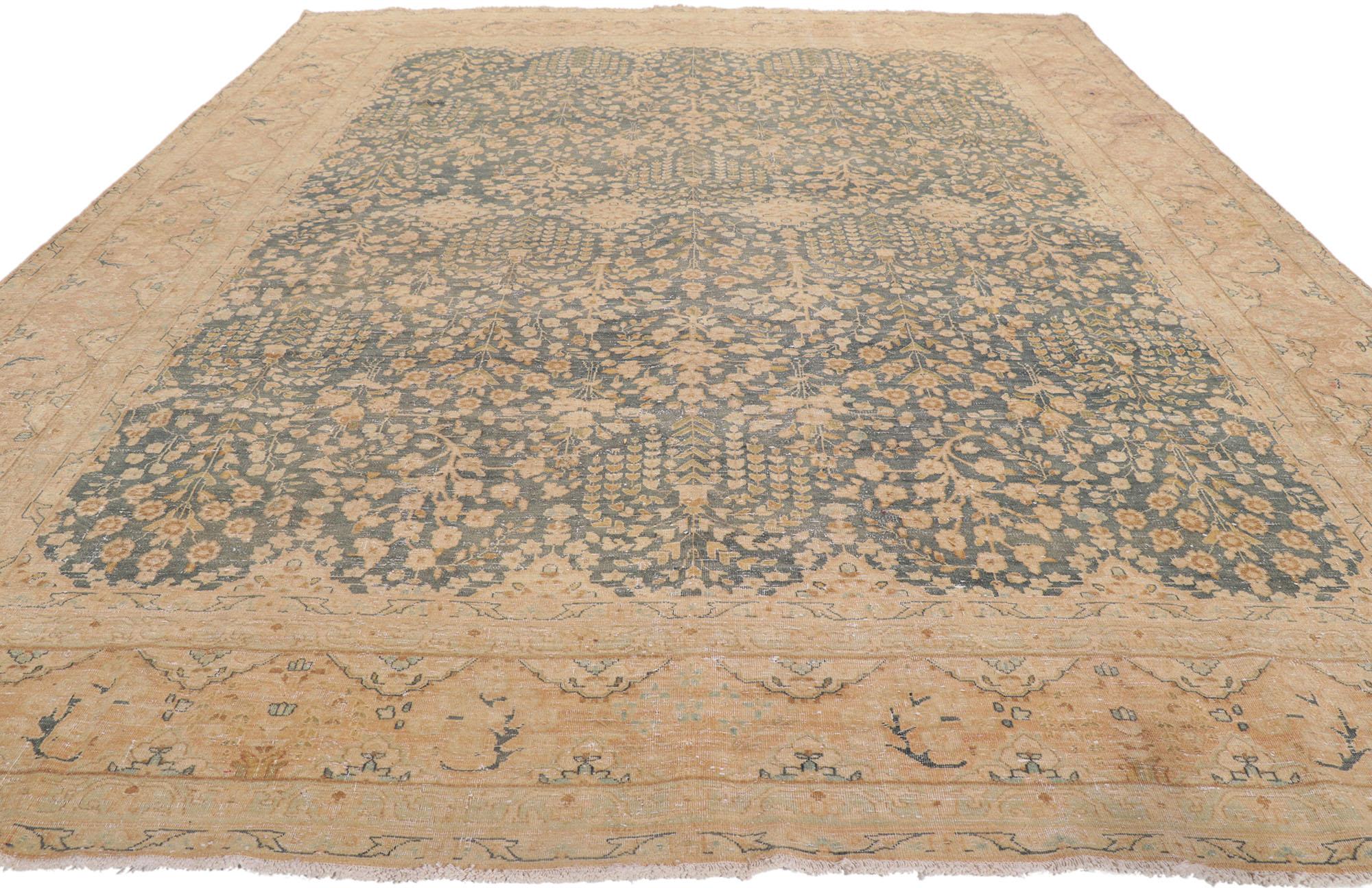 Hand-Knotted Distressed Vintage Persian Tabriz Rug with Weeping Willow and Millefleur Design For Sale