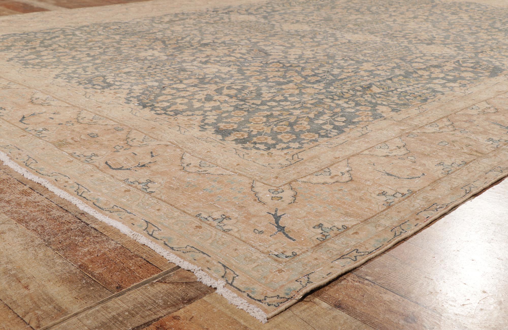 Wool Distressed Vintage Persian Tabriz Rug with Weeping Willow and Millefleur Design For Sale