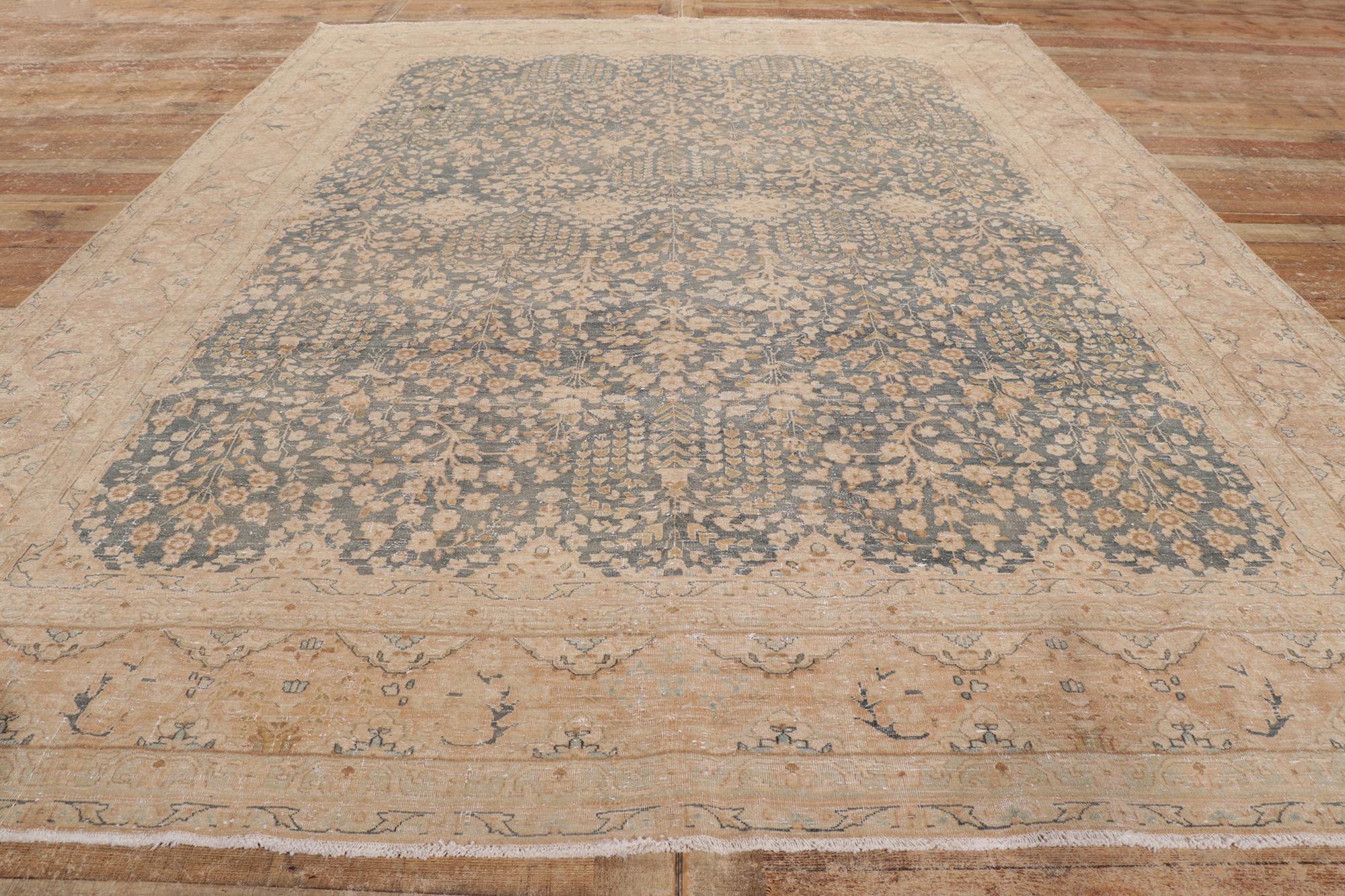 Distressed Vintage Persian Tabriz Rug with Weeping Willow and Millefleur Design For Sale 1