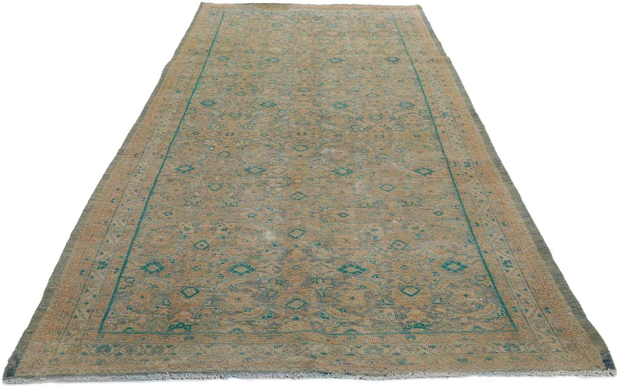Hand-Knotted Distressed Vintage Persian Tabriz Runner with Herati Pattern For Sale