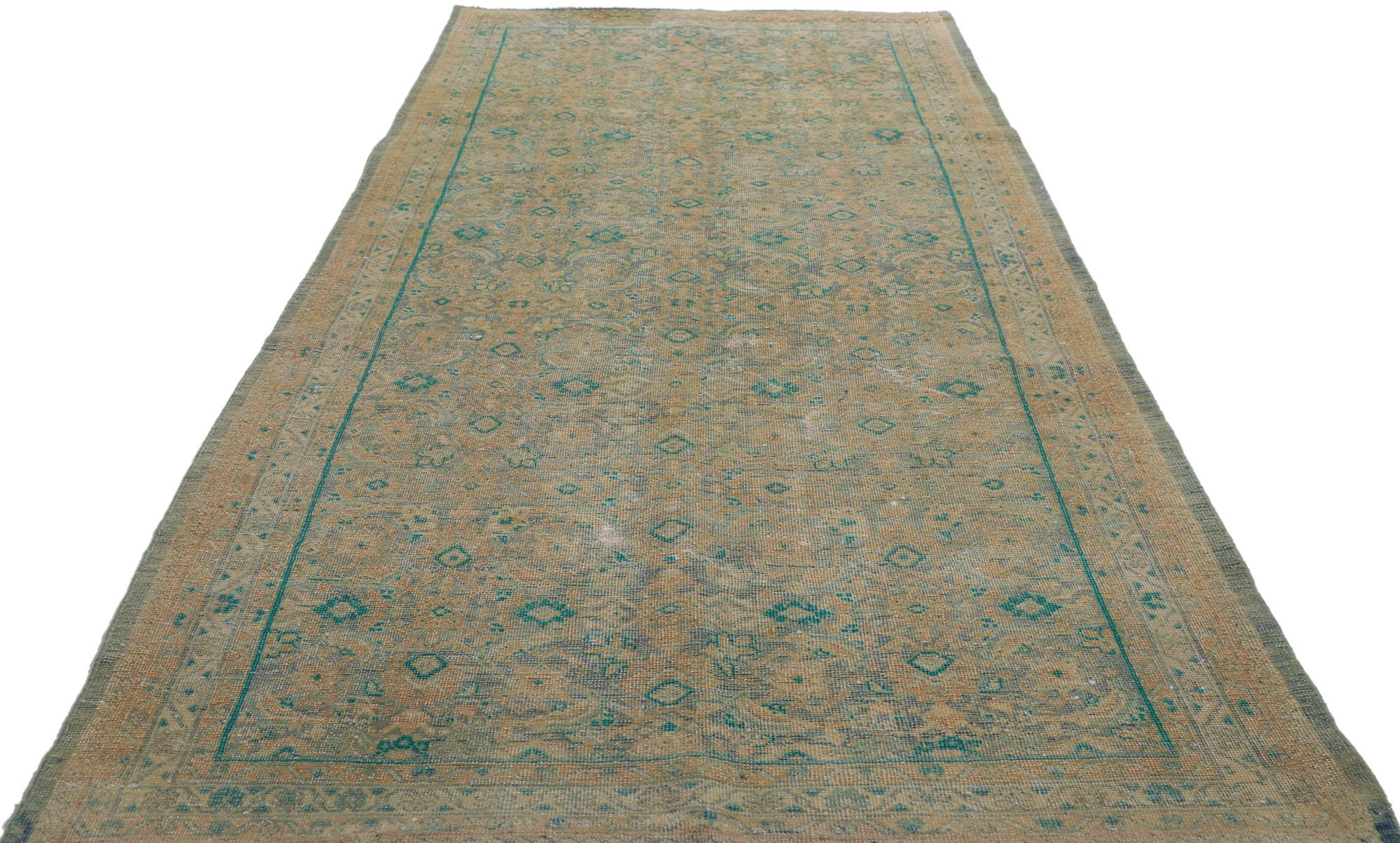 Distressed Vintage Persian Tabriz Runner with Herati Pattern In Distressed Condition For Sale In Dallas, TX