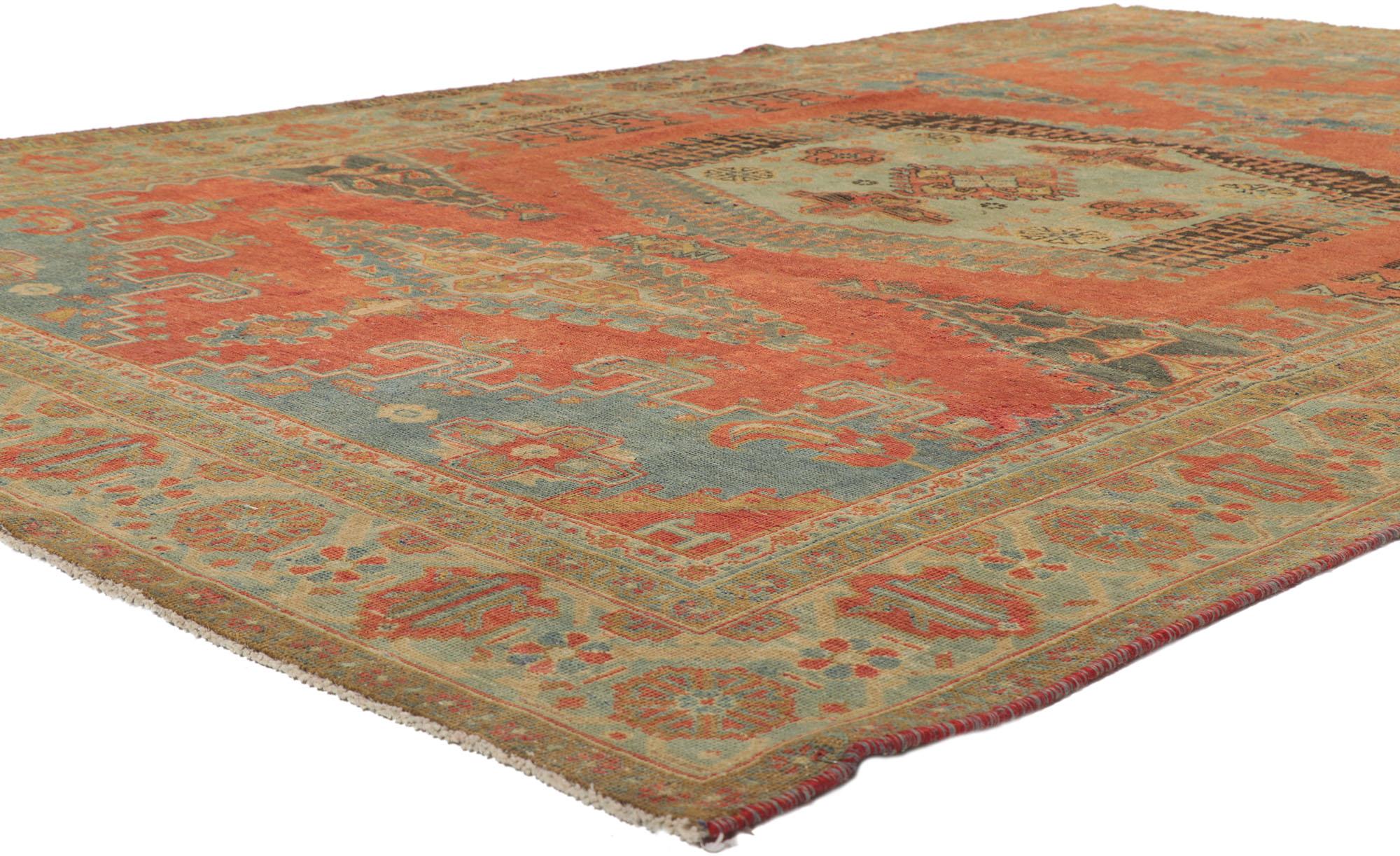 ​53737 Vintage Persian Viss Rug, 07'06 x 10'11.
Tribal enchantment meets rustic finesse in this hand knotted wool vintage Persian Viss rug. Taking center stage on the abrashed and lovingly time-worn red field is a hooked hexagonal medallion anchored
