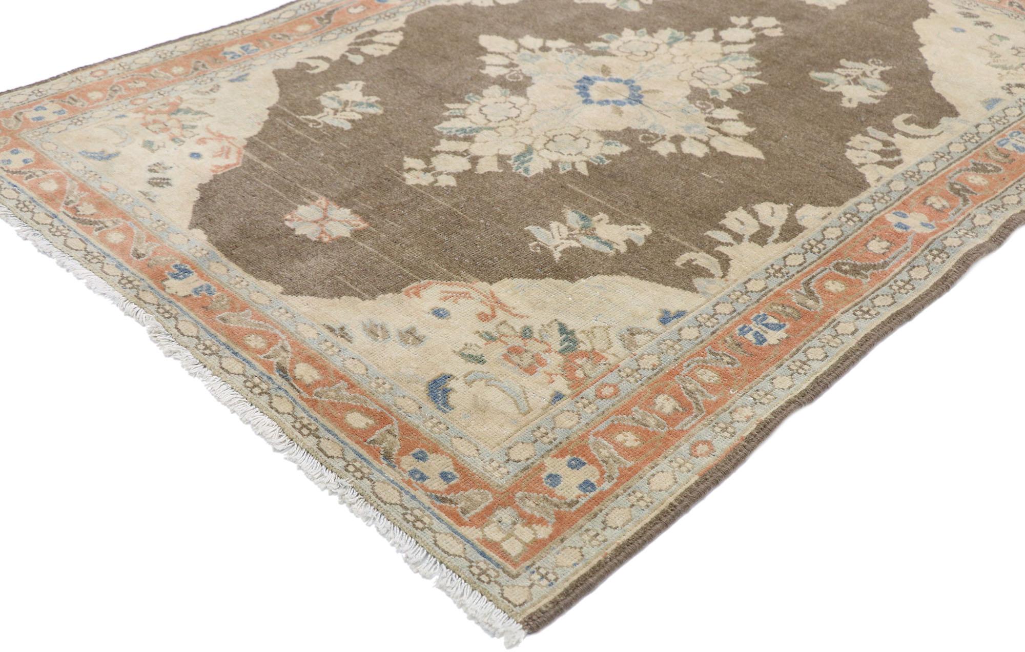 60889 Distressed Vintage Persian Viss rug with Rustic Farmhouse Style 03'06 x 04'11. Take a timeless, tailored design, mix in a dash of romantic connotations to get this fresh look that’s as comfortable as it is chic. Soft, bespoke vibes meet