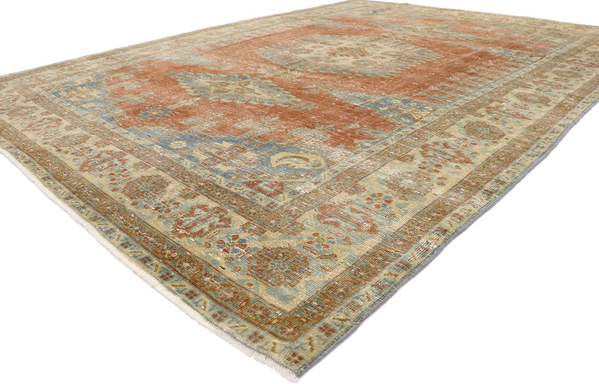 ?60958 Distressed Vintage Persian Viss rug with Rustic Tribal Style 07'07 x 09'11. ?Emanating sophistication and nomadic charm with rugged beauty, this hand knotted wool distressed vintage Persian Viss rug beautifully embodies a rustic tribal style.