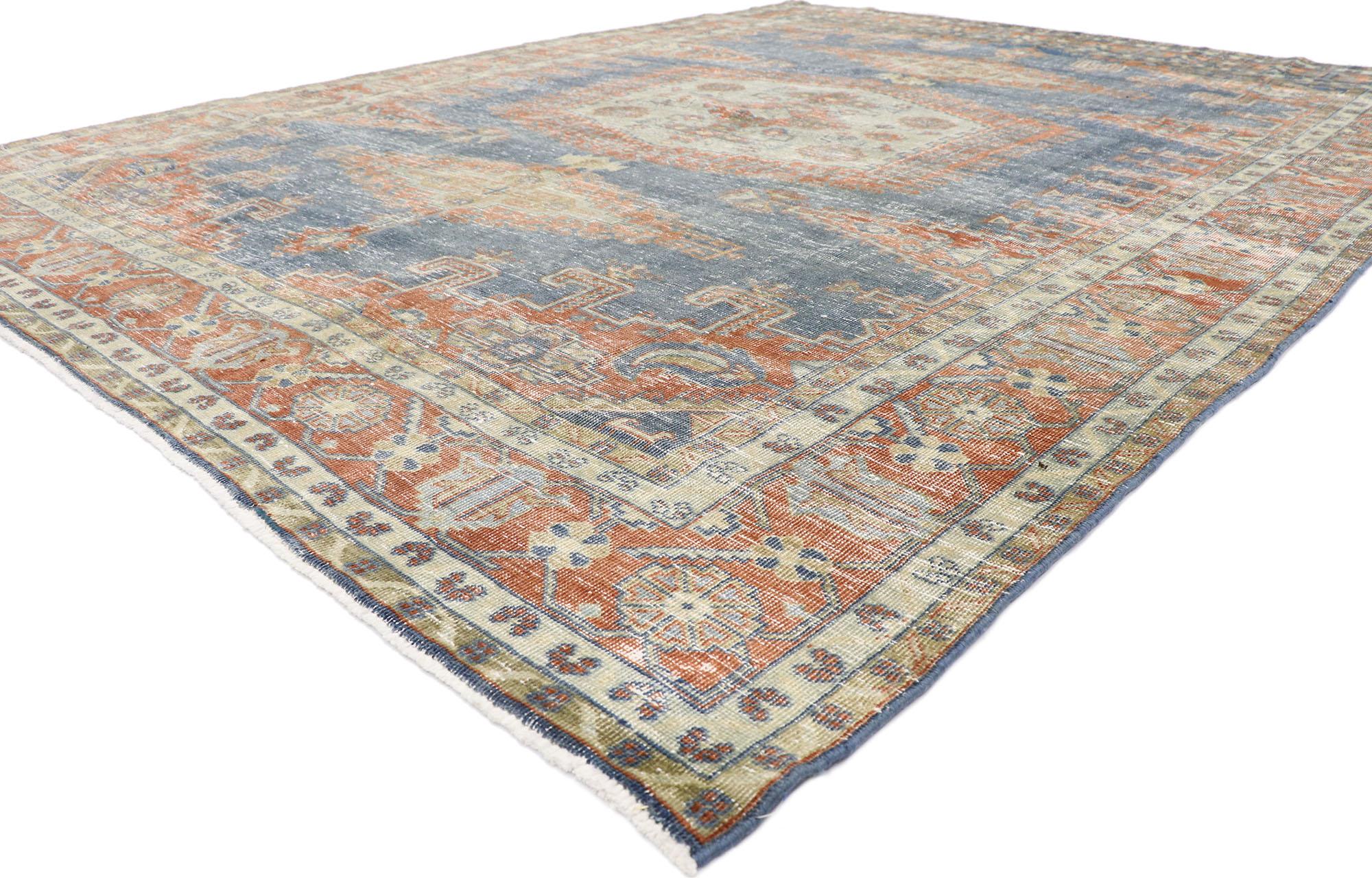 ?60967 Distressed Vintage Persian Viss Rug with Rustic Tribal Style 08'08 x 11'03. ?Emanating sophistication and nomadic charm with rugged beauty, this hand knotted wool distressed vintage Persian Viss rug beautifully embodies a rustic tribal style.