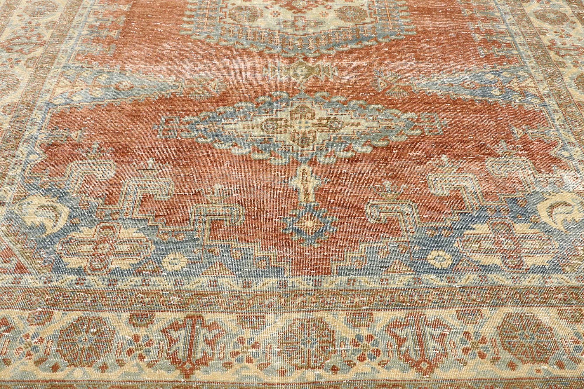 Distressed Vintage Persian Viss Rug with Rustic Tribal Style In Distressed Condition For Sale In Dallas, TX