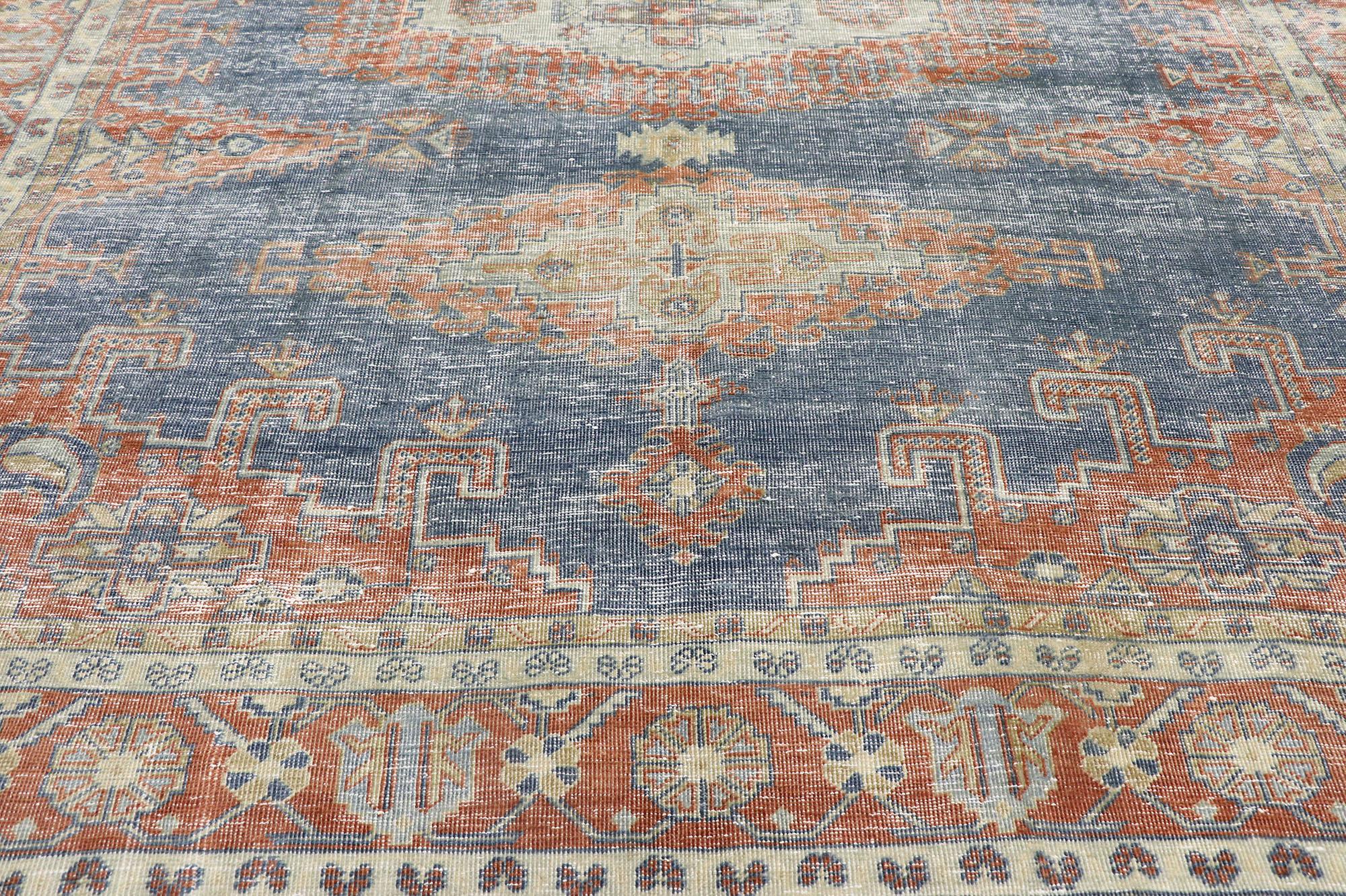 Distressed Vintage Persian Viss Rug with Rustic Tribal Style In Distressed Condition For Sale In Dallas, TX