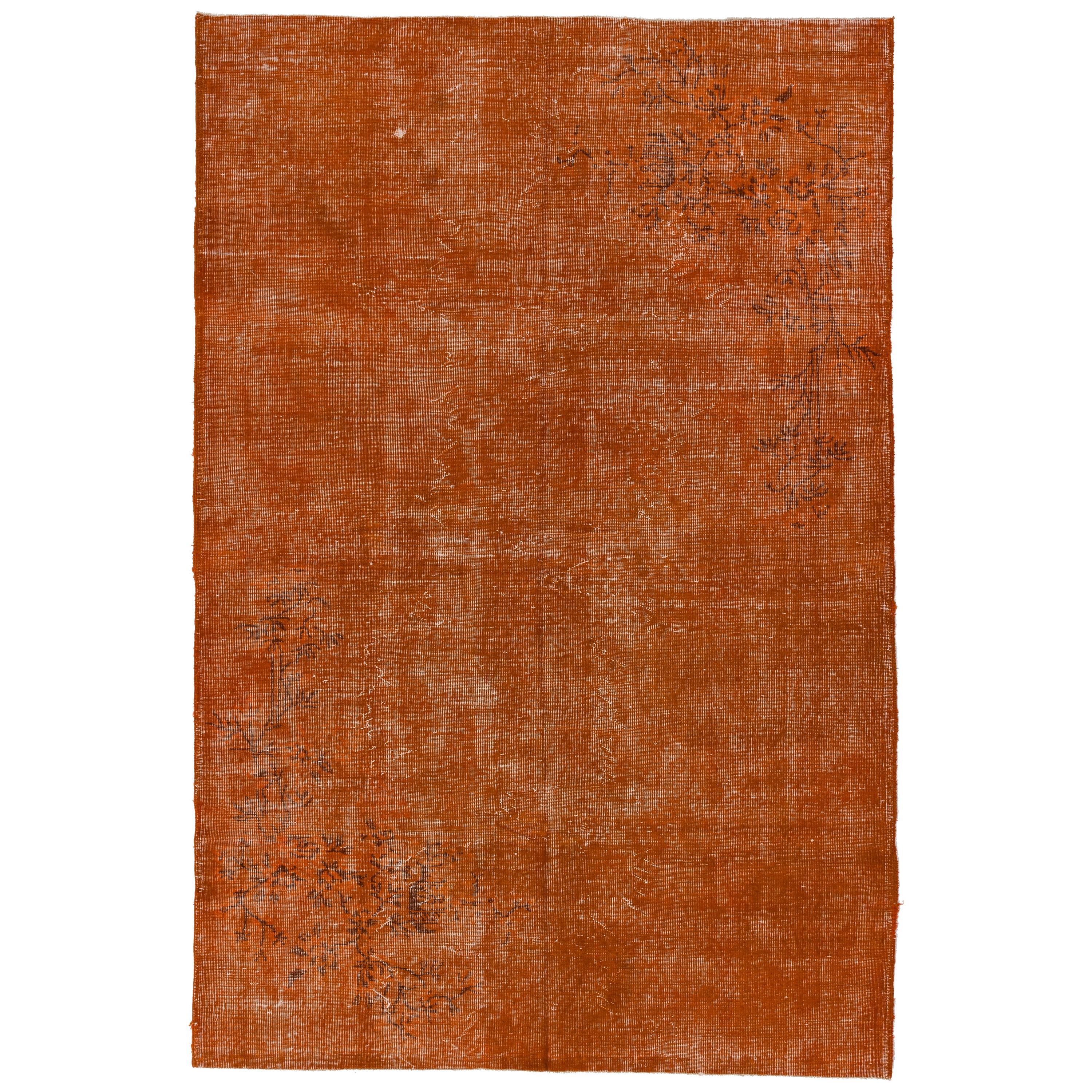 6x9 Ft Distressed Vintage Rug Overdyed in Burnt Orange, Woolen Floor Covering