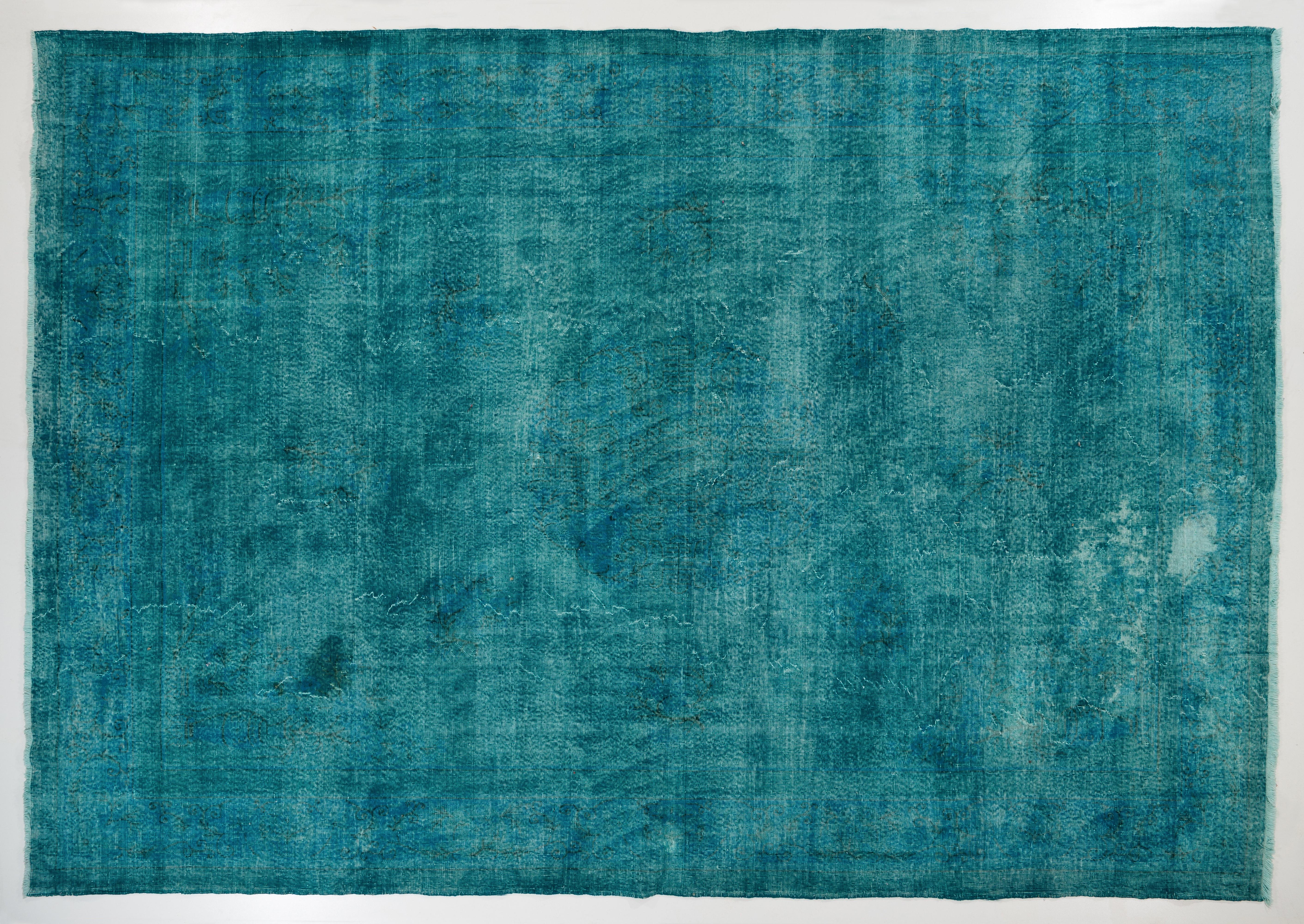 Modern 10x14 Ft Vintage Handmade Distressed Rug with Solid Design Over-dyed in Teal 