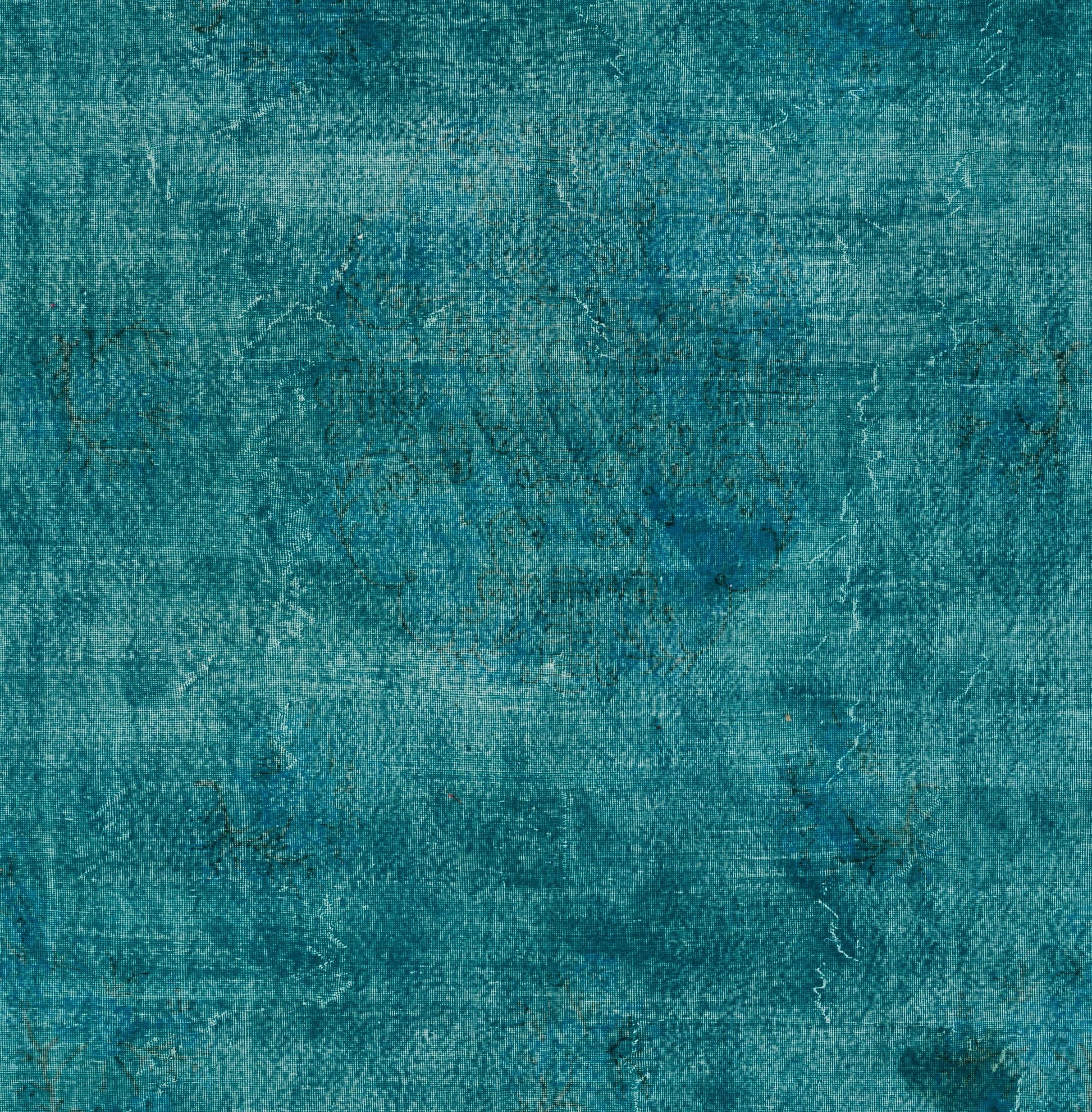 Hand-Woven 10x14 Ft Vintage Handmade Distressed Rug with Solid Design Over-dyed in Teal 