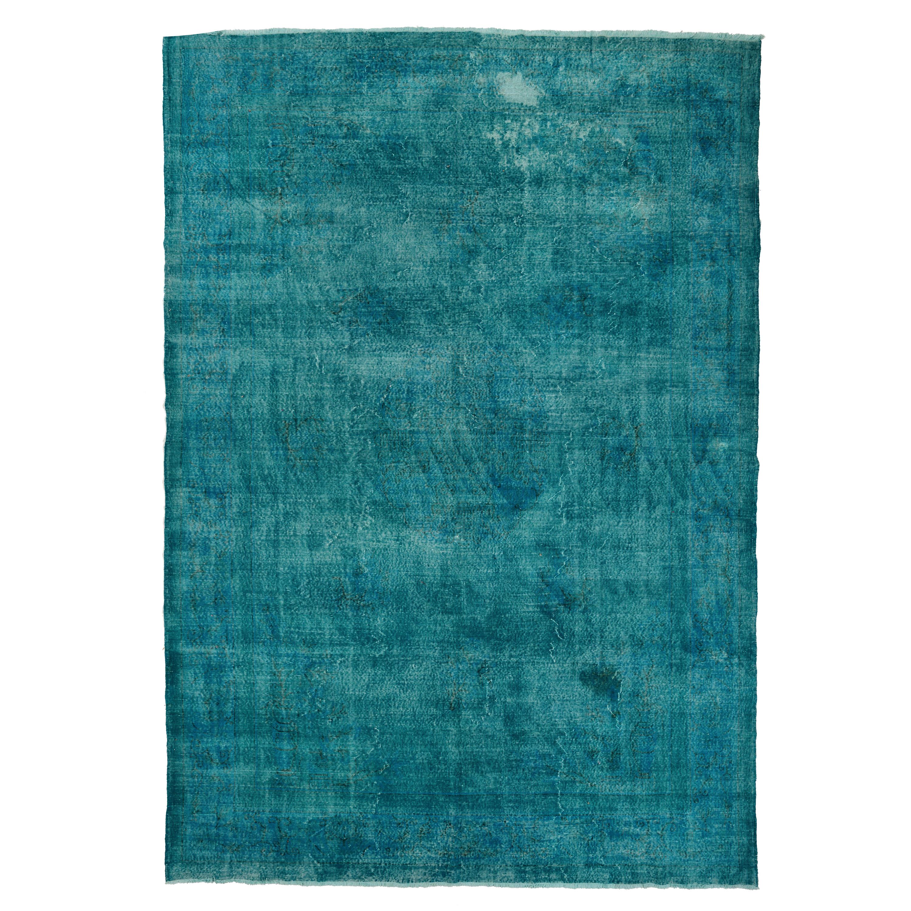 10x14 Ft Vintage Handmade Distressed Rug with Solid Design Over-dyed in Teal 