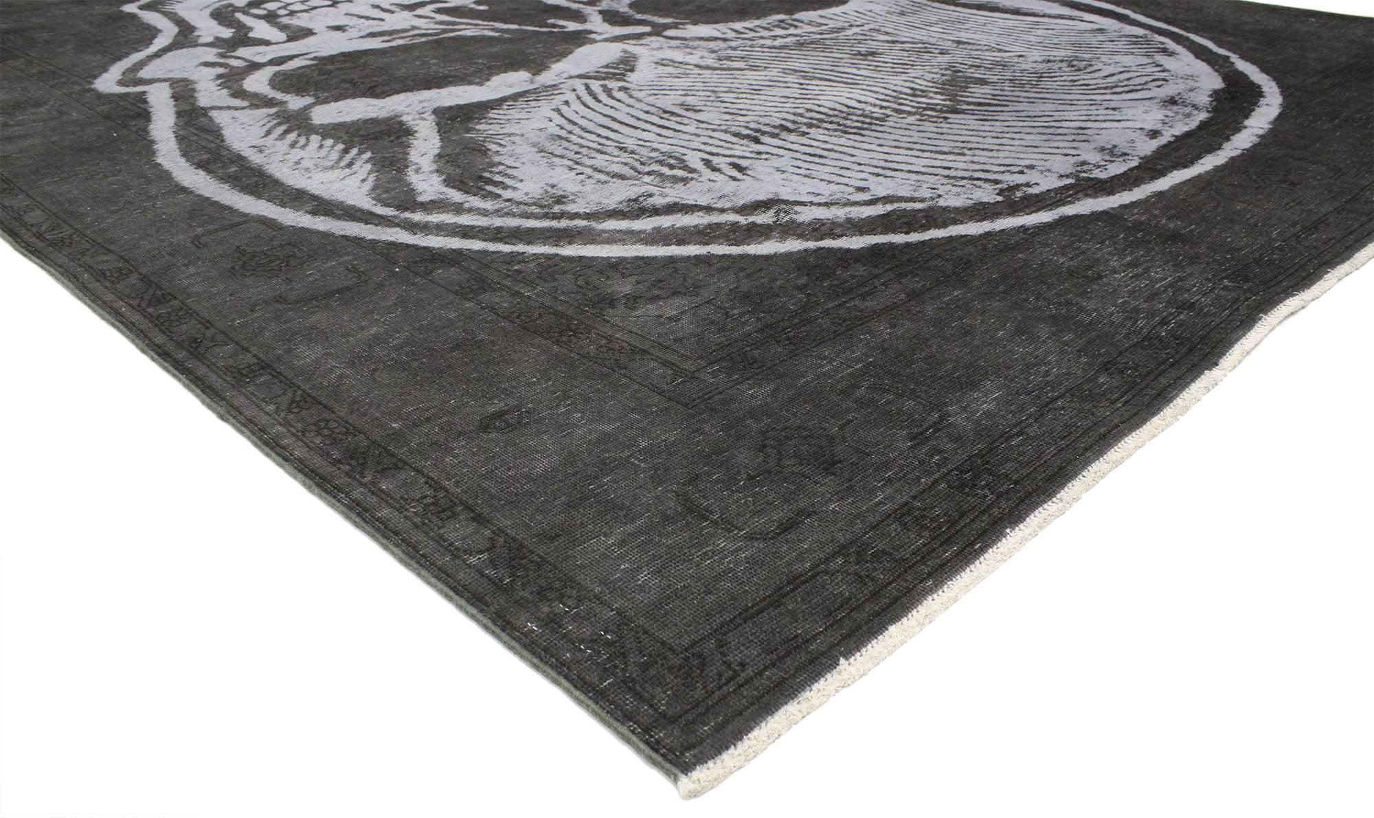 80432, Distressed Vintage Skull Steampunk Style Area Rug Inspired by Alexander McQueen 09'08 x 12'05. Showcasing an expressive design with artful craftsmanship and incredible detail, this hand knotted wool distressed vintage overdyed skull rug is a