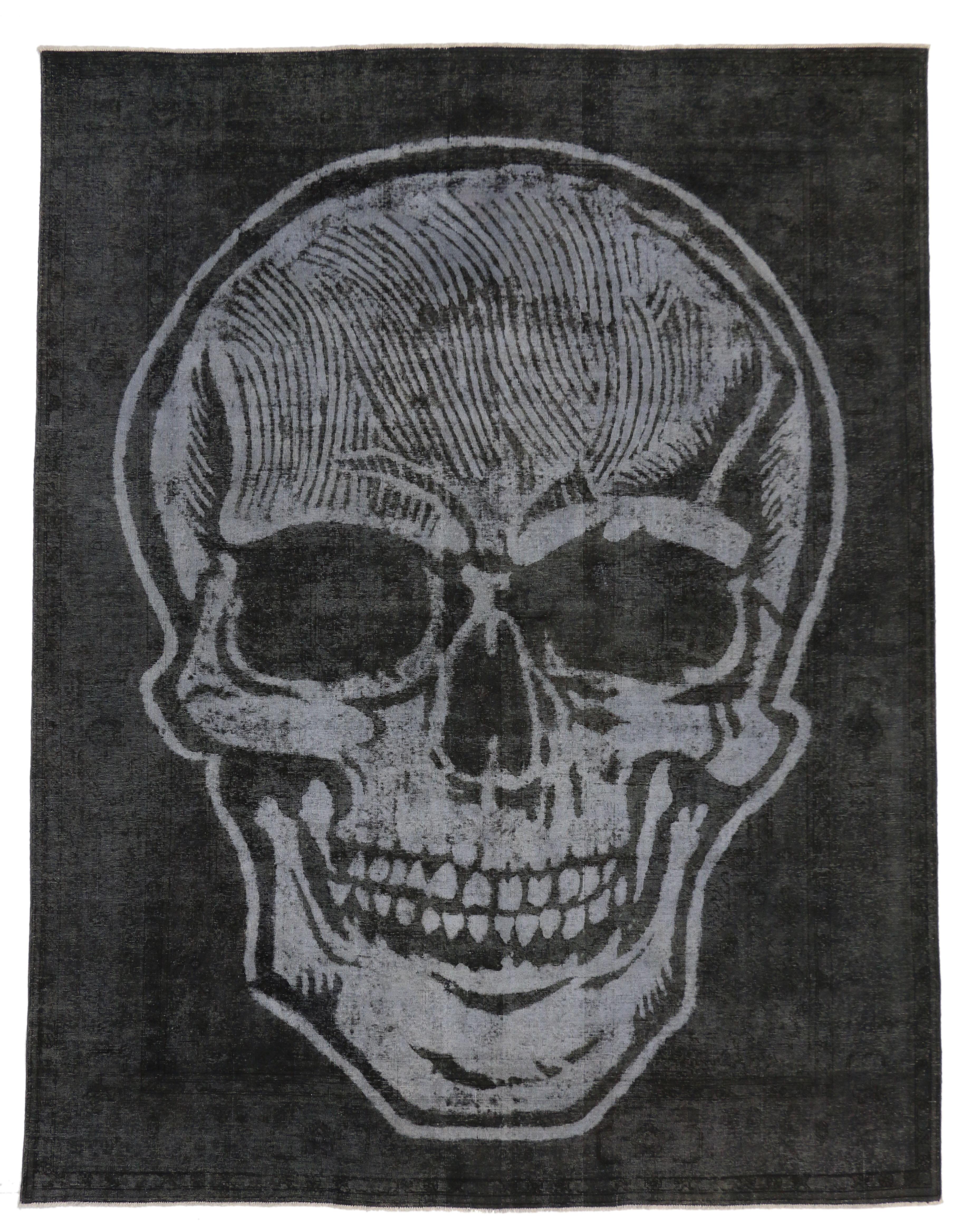 Wool Distressed Vintage Overdyed Skull Rug Inspired by Alexander McQueen For Sale