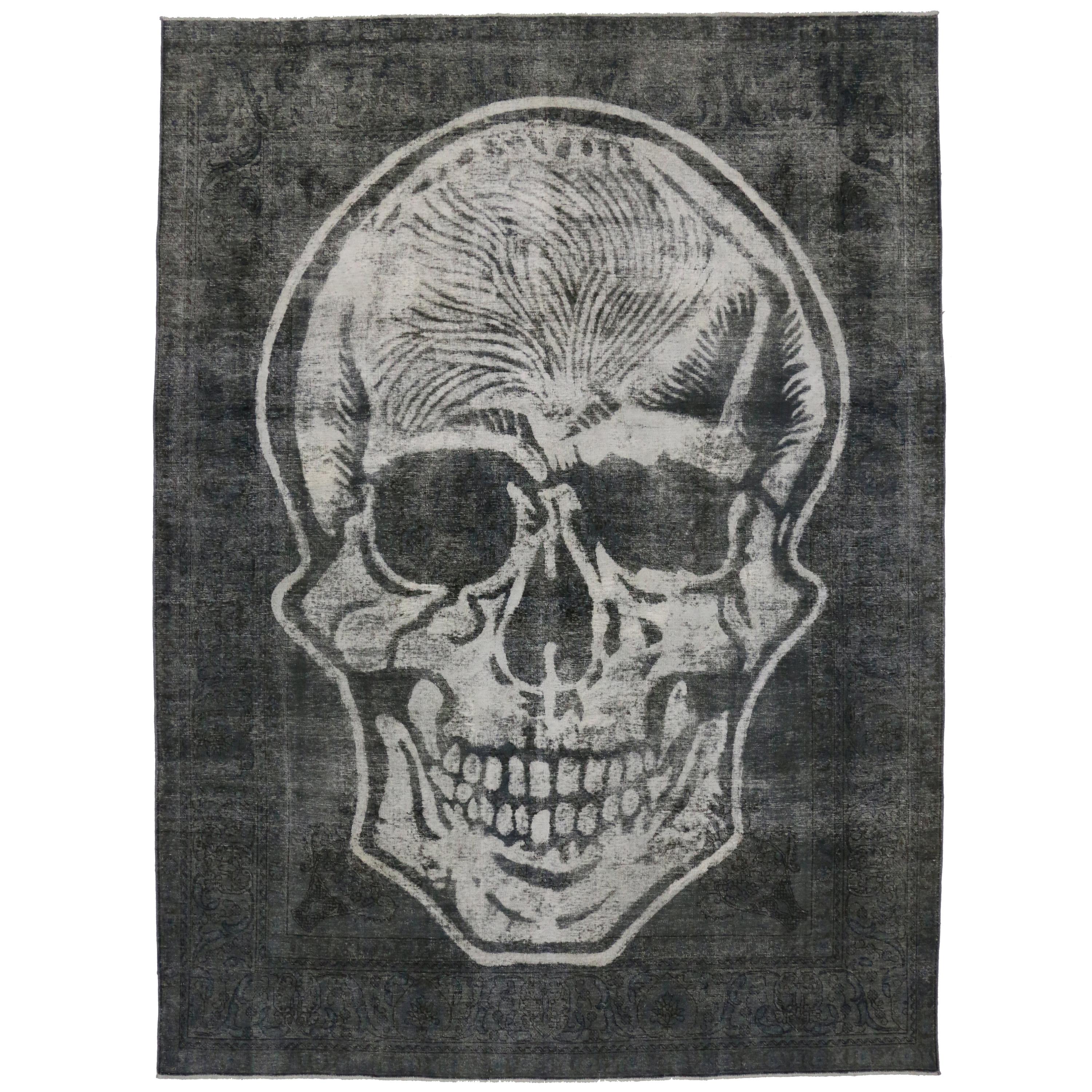 Distressed Vintage Overdyed Skull Rug Inspired by Alexander McQueen For Sale