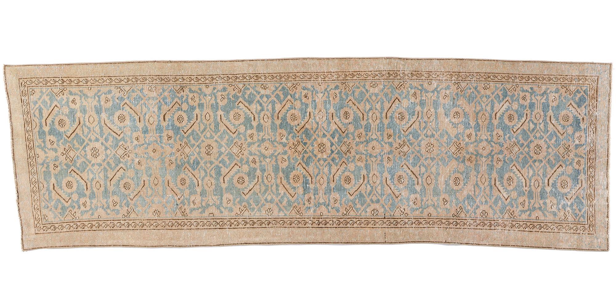 Distressed Vintage Soft Blue Persian Malayer Carpet Runner For Sale 4
