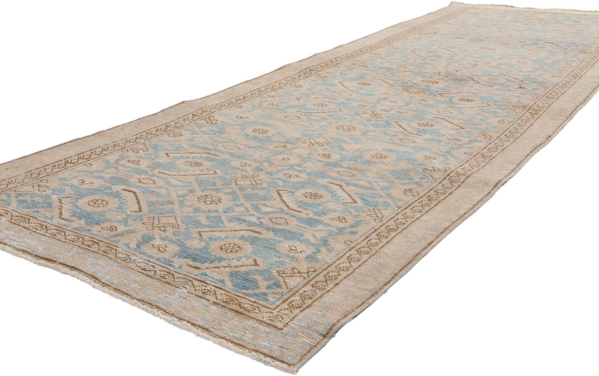 53922 Distressed Vintage Blue Persian Malayer Rug Runner, 03'01 x 09'09. Antique-washed Persian Malayer runners are long, narrow rugs handcrafted in the Malayer region of western Iran and treated with a special antique washing process to achieve a