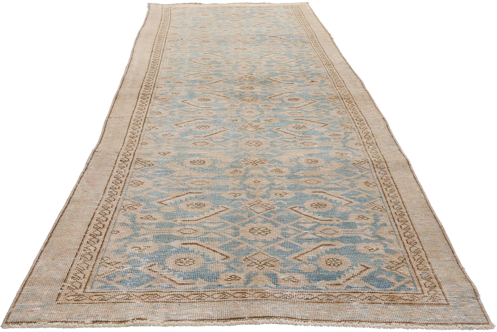 Hand-Knotted Distressed Vintage Soft Blue Persian Malayer Carpet Runner For Sale