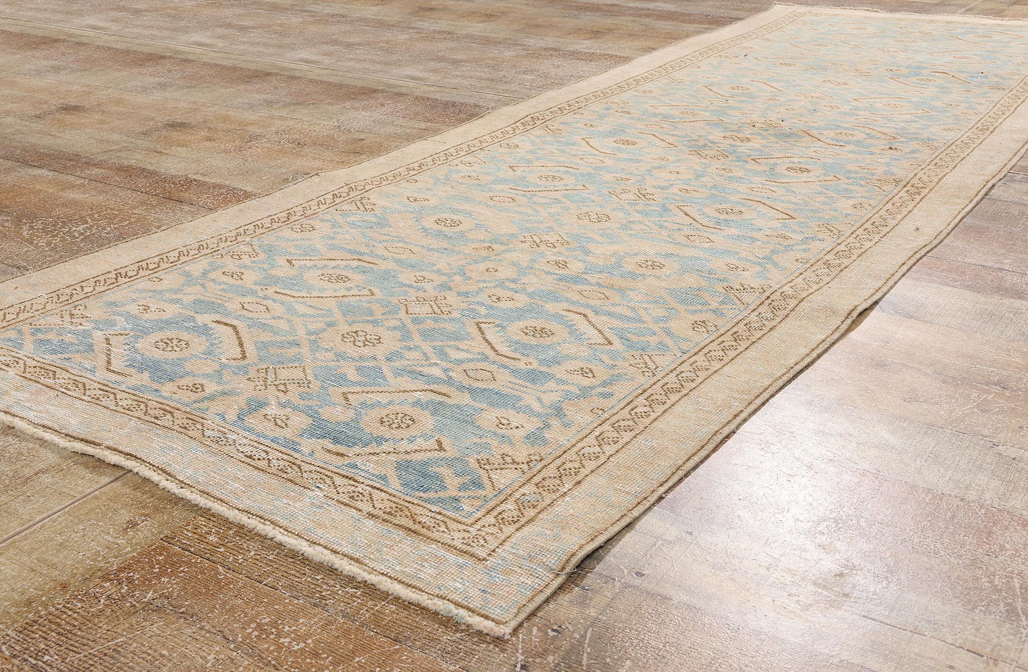 Distressed Vintage Soft Blue Persian Malayer Carpet Runner For Sale 1
