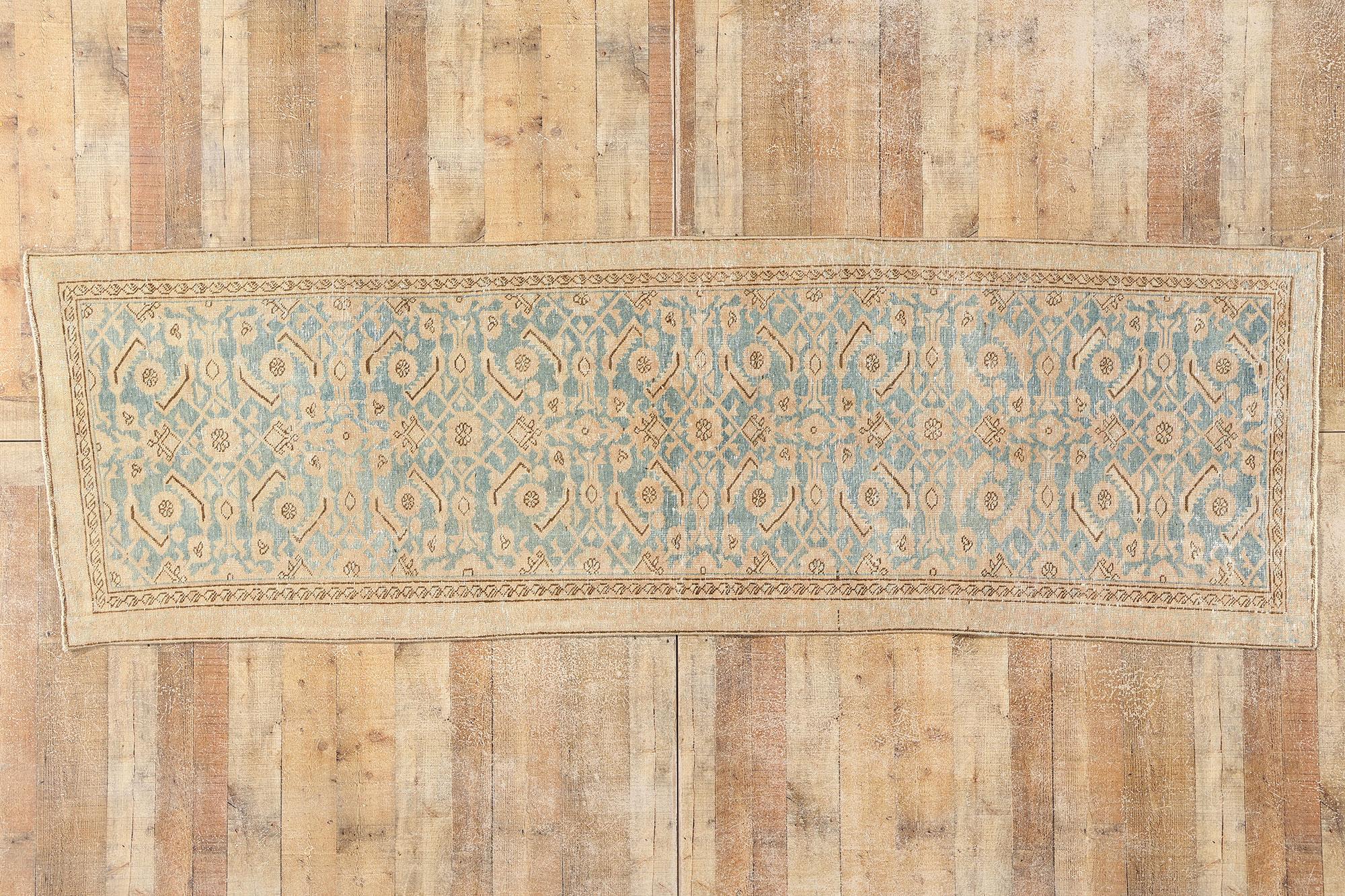 Distressed Vintage Soft Blue Persian Malayer Carpet Runner For Sale 3