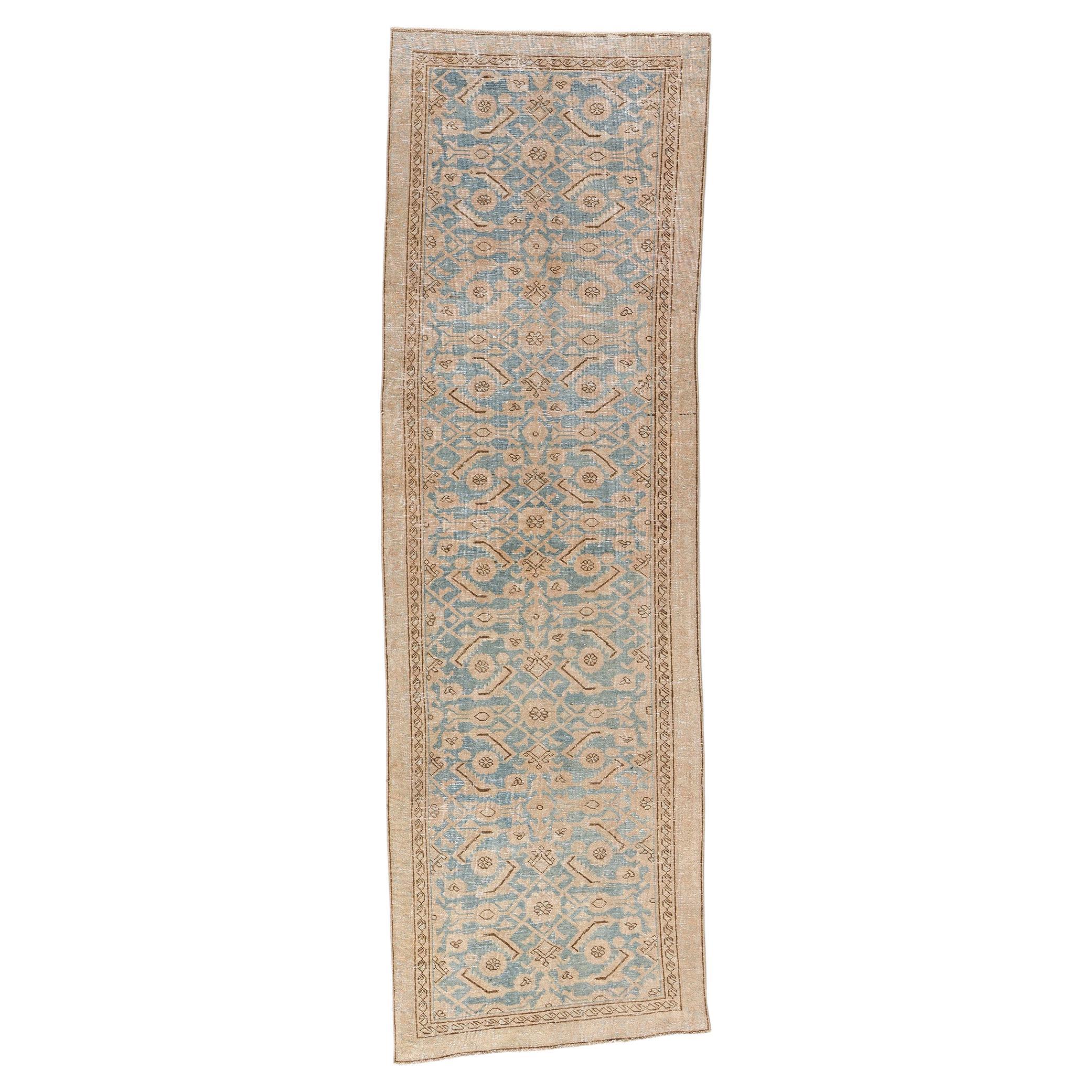 Distressed Vintage Soft Blue Persian Malayer Carpet Runner For Sale