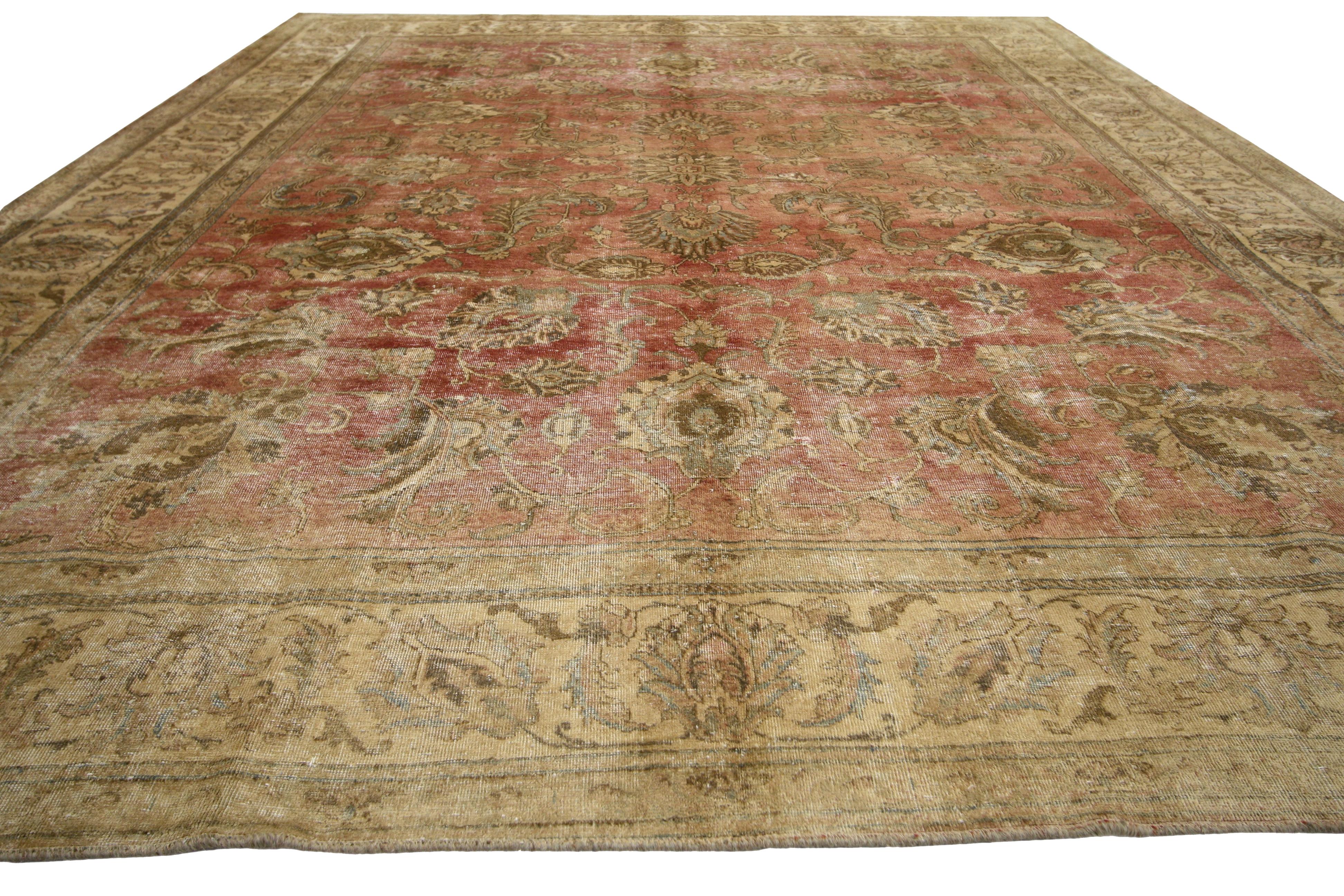 Hand-Knotted Distressed Vintage Tabriz Persian Rug with Rustic Style