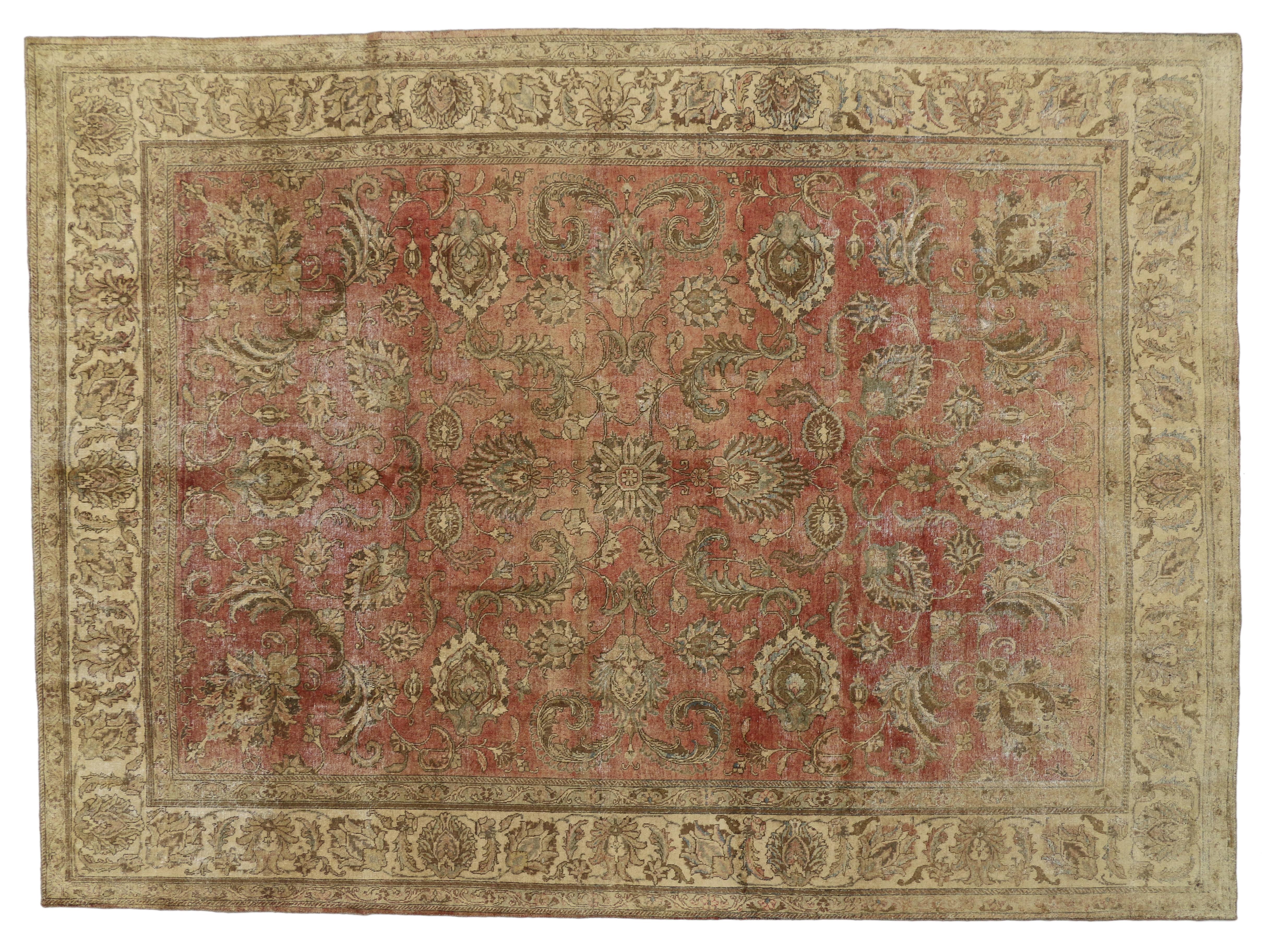 20th Century Distressed Vintage Tabriz Persian Rug with Rustic Style