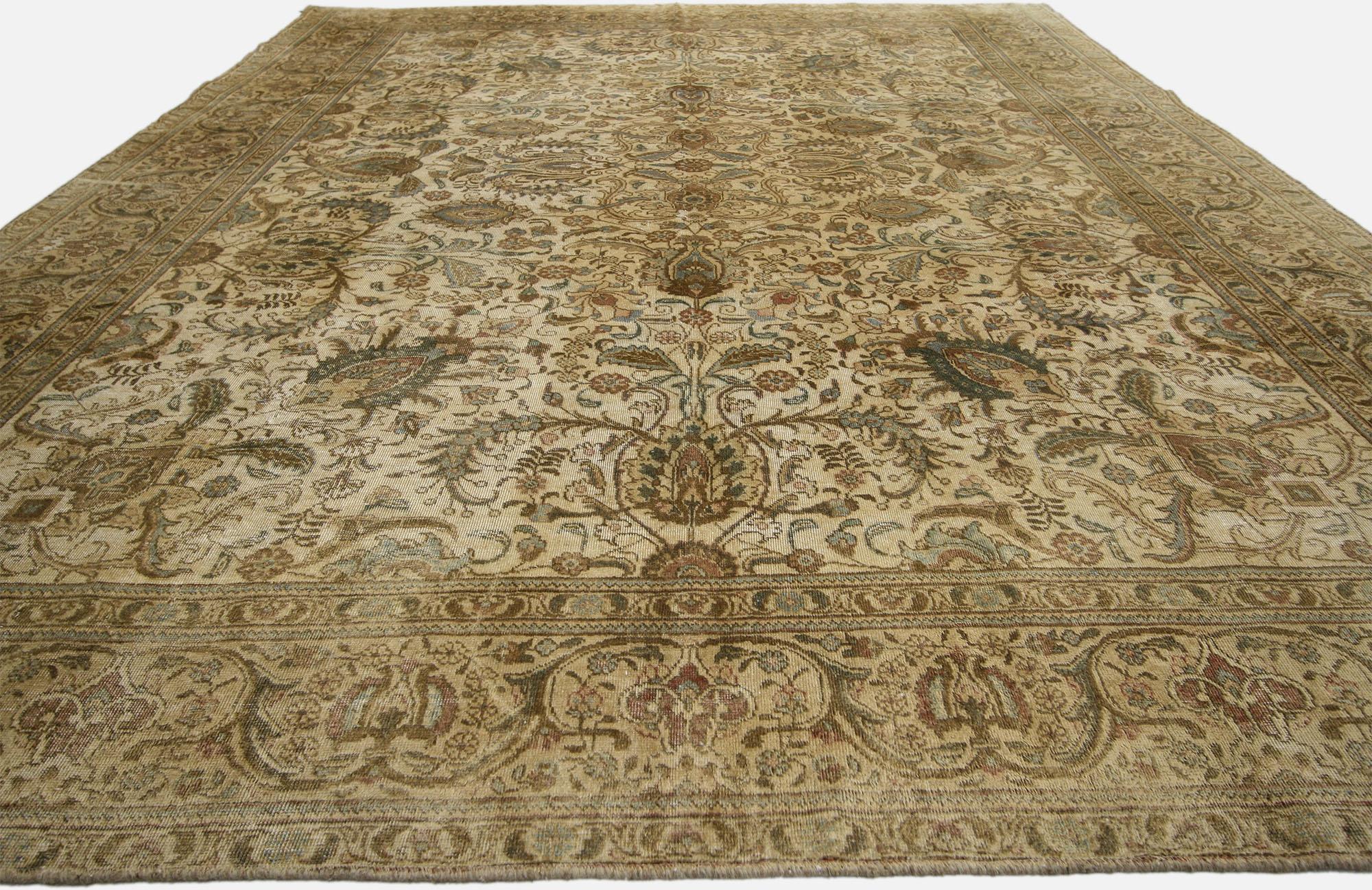 Hand-Knotted Distressed Vintage Tabriz Persian Rug with Warm, Neutral Colors